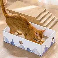 Vista 2 de Caja rascador para gatos con almohadilla de cartón de doble cara resistente, tumbona de cartón, cama para gatos de interior, diseño de agujero Blanco