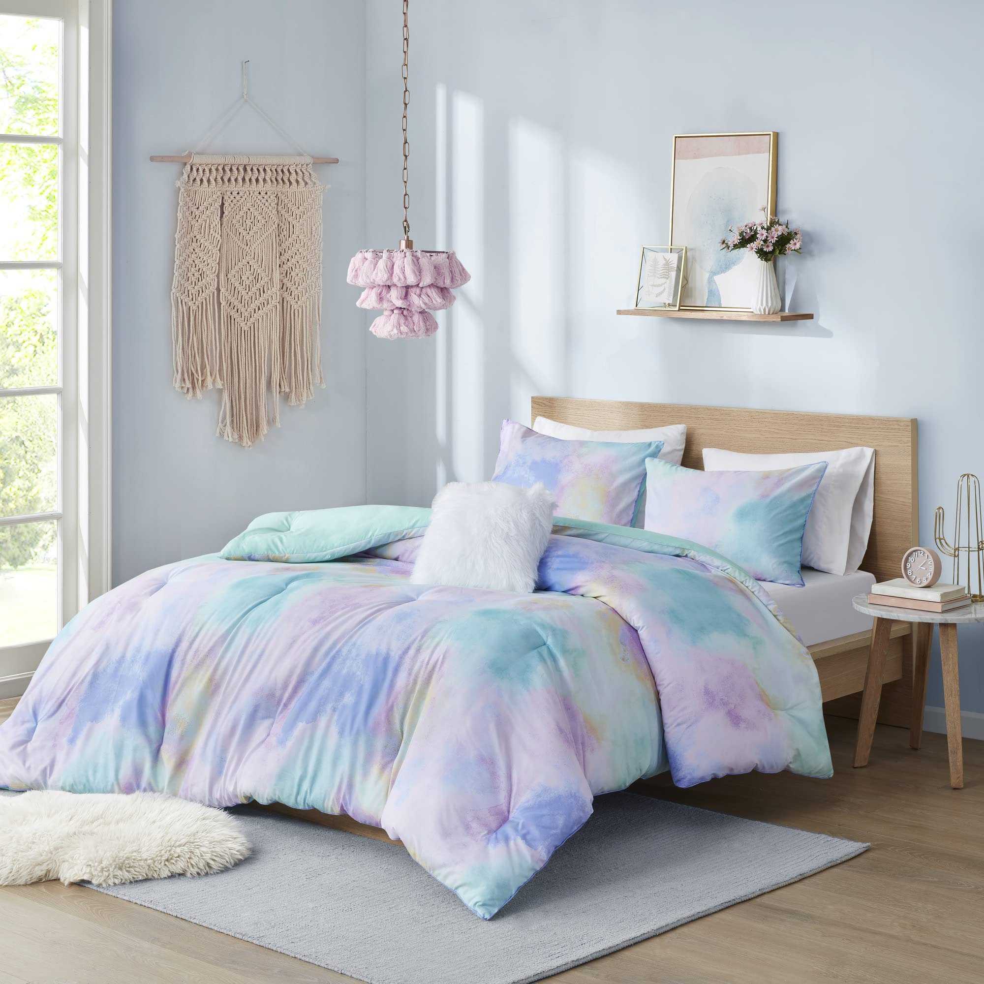 Intelligent Design Queen/Full Size Comforter Set, Watercolor Queen Bedding Sets, Tie Dye Comforter Set for Teen Girl & Boys, 4 Pieces Cassiopeia Comforter, Sham, Throw Pillow Full/Queen Pink/Blue
