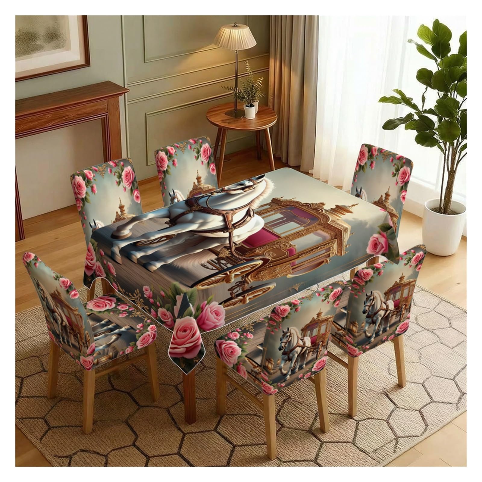 BOSUYBN Stretch Dining Chair Slipcover & Tablecloth Set, Rose Horse Carriage Print, 5/7 Pack, Romantic Vintage Home Dining Decor Table Setting(7pcs Set: Tablecloth+Chair Covers)
