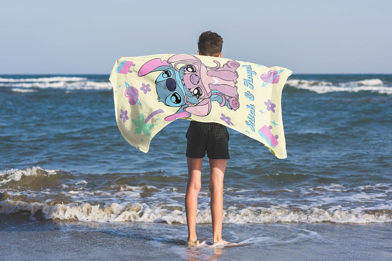 Jay Franco Kids Beach Towel - 100% Cotton Super Soft Absorbent Bath Towel, 28" x 58" Inch Lightweight for Travel, Official Licensed Product, Yellow - Lilo and Stitch