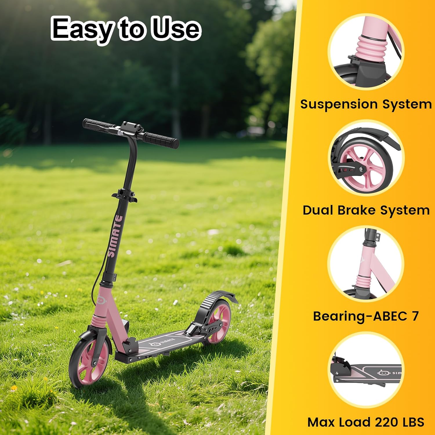 SIMATE Kick Scooter for Kids Teens & Adults, 4 Adjustable Heights, 8IN All Terrain Big Wheels, Dual Brakes & Dual Suspension, Foldable and Lightweight, Gifts for Girls Boys - Image 6