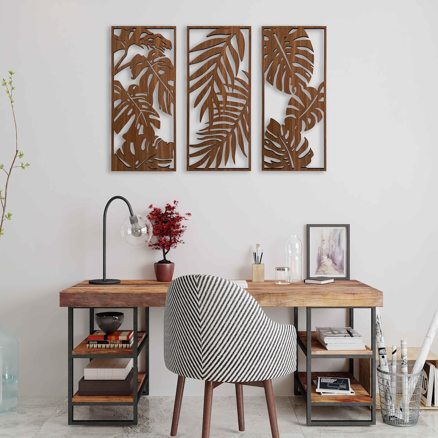 Wood Wall Art of Monstera Leaves, Tropical 3 Piece Wood Wall Decor for Bedroom, Botanical Wood Wall Panels for Living Room, Wooden Wall Art Decor Gift