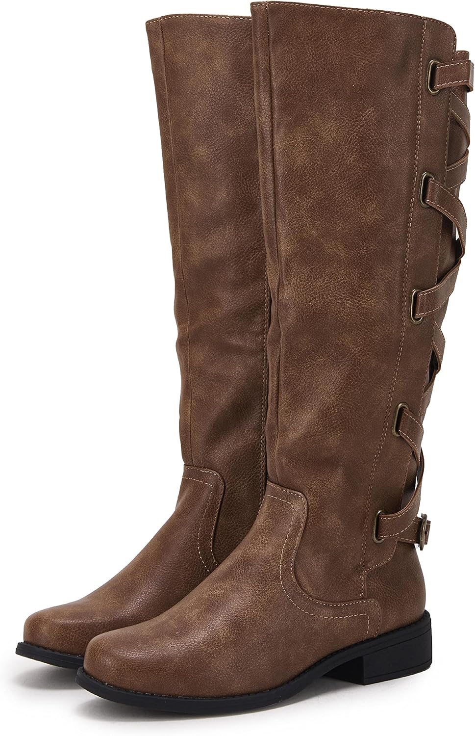  | Womens Strappy Motorcycle Knee High Boots Winter Lace Up Riding Flat Low Heel Shoes | Knee-High