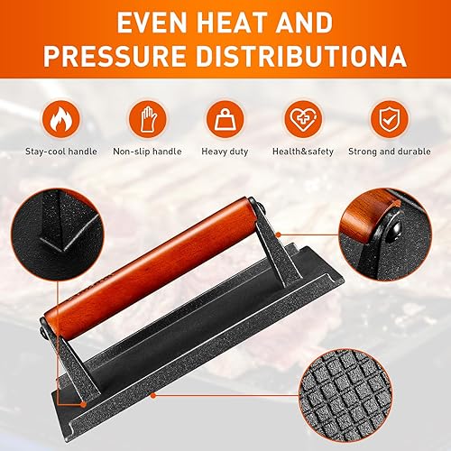 Miniatura 3 de Coliatik Prensa de hamburguesa rectangular de 8.3 x 4.3 pulgadas, kit de hierro fundido resistente con mango de madera, perfecto para cocinar a la