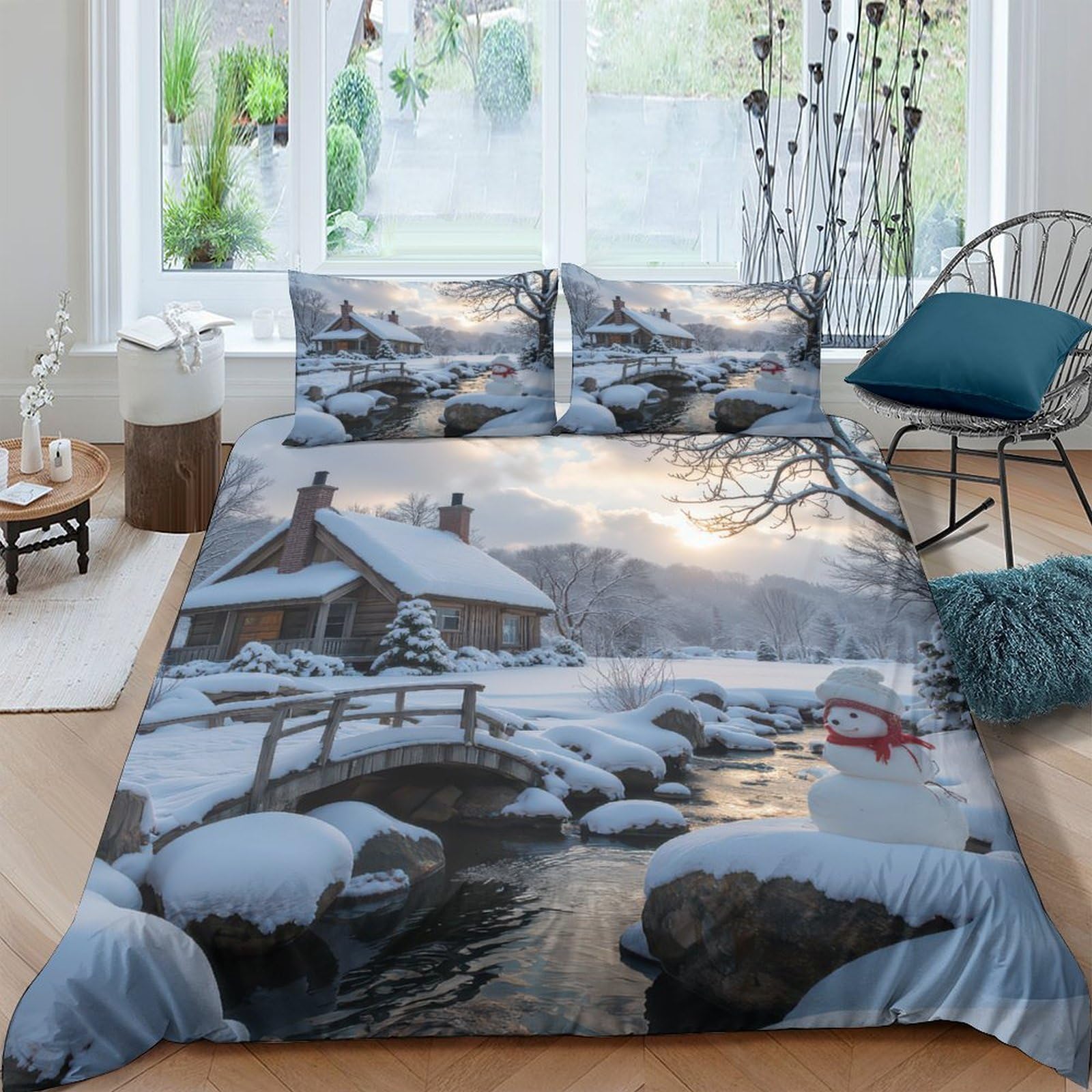 Ctjqhvkz Style-10 3D Printed Winter Cottage Fitted Sheet Microfiber Soft Snow Landscape Bed Cover For Bedroom Guest Room Mattress Protection Single（135X200cm）