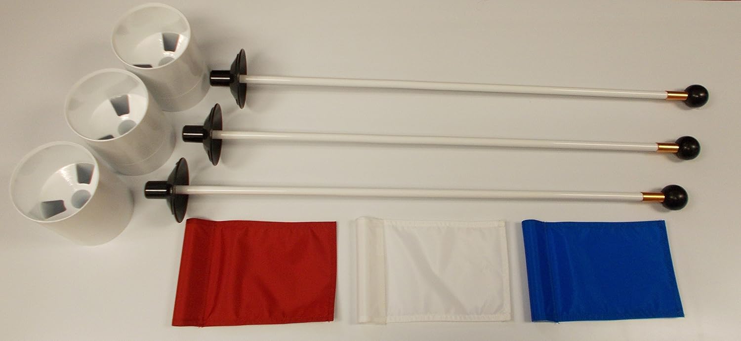 Golf Practice Putting Green – Deluxe Accessory Kit – (3)Bright White Aluminum 6” Deep Regulation Cups + (1)Red, (1)White, (1)Blue Jr Flag + (3)30” White Fiberglass Pin Markers with Ball Lifter Disk