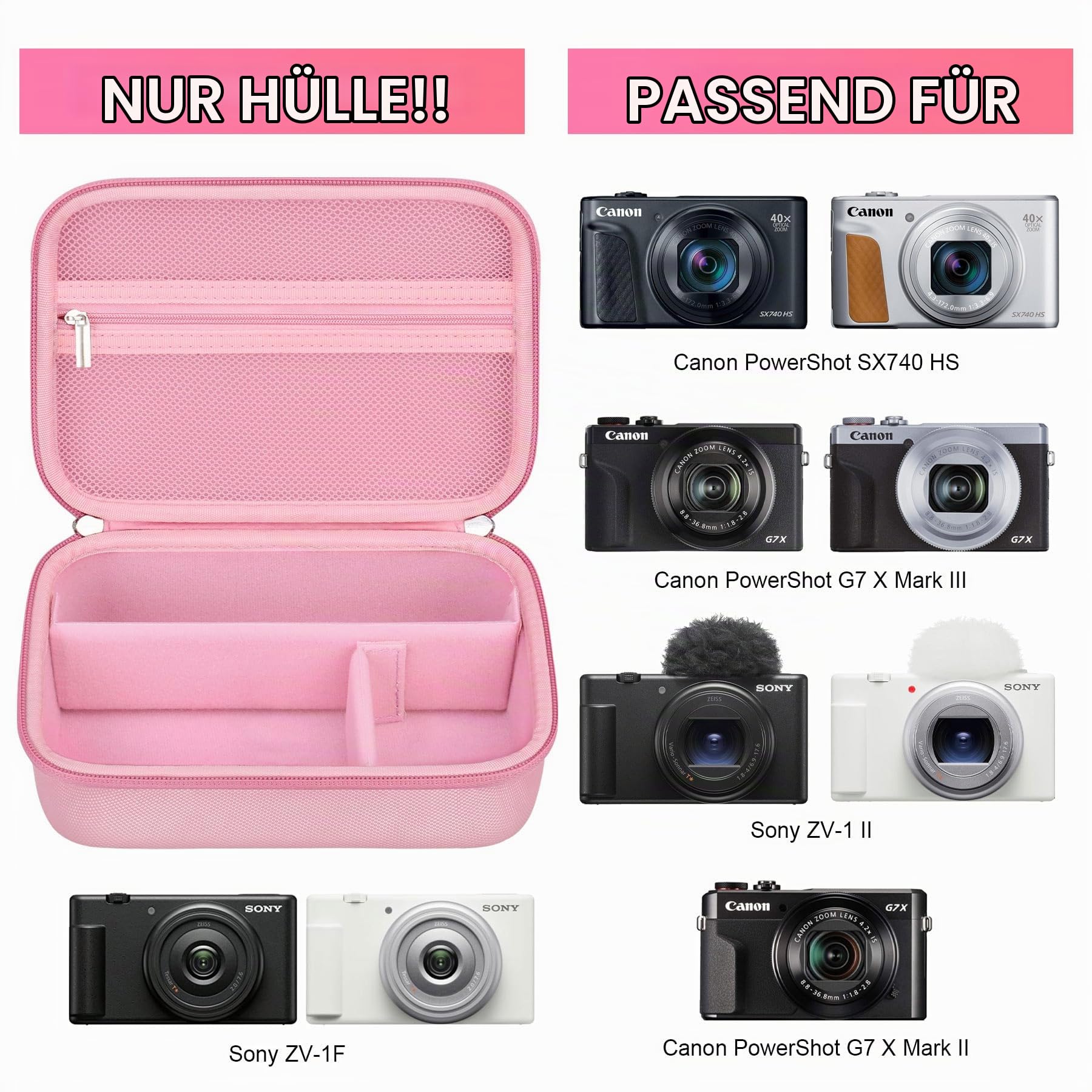 BOVKE Tragetasche für Canon G7X Mark III Mark II, PowerShot SX740 SX730, Sony ZV-1 II/ZV-1F Kompakte 4K-Vlogging Digitalkamera Reisetasche für Stativ, Mikrofon, Kameras und Zubehör, Rosa
