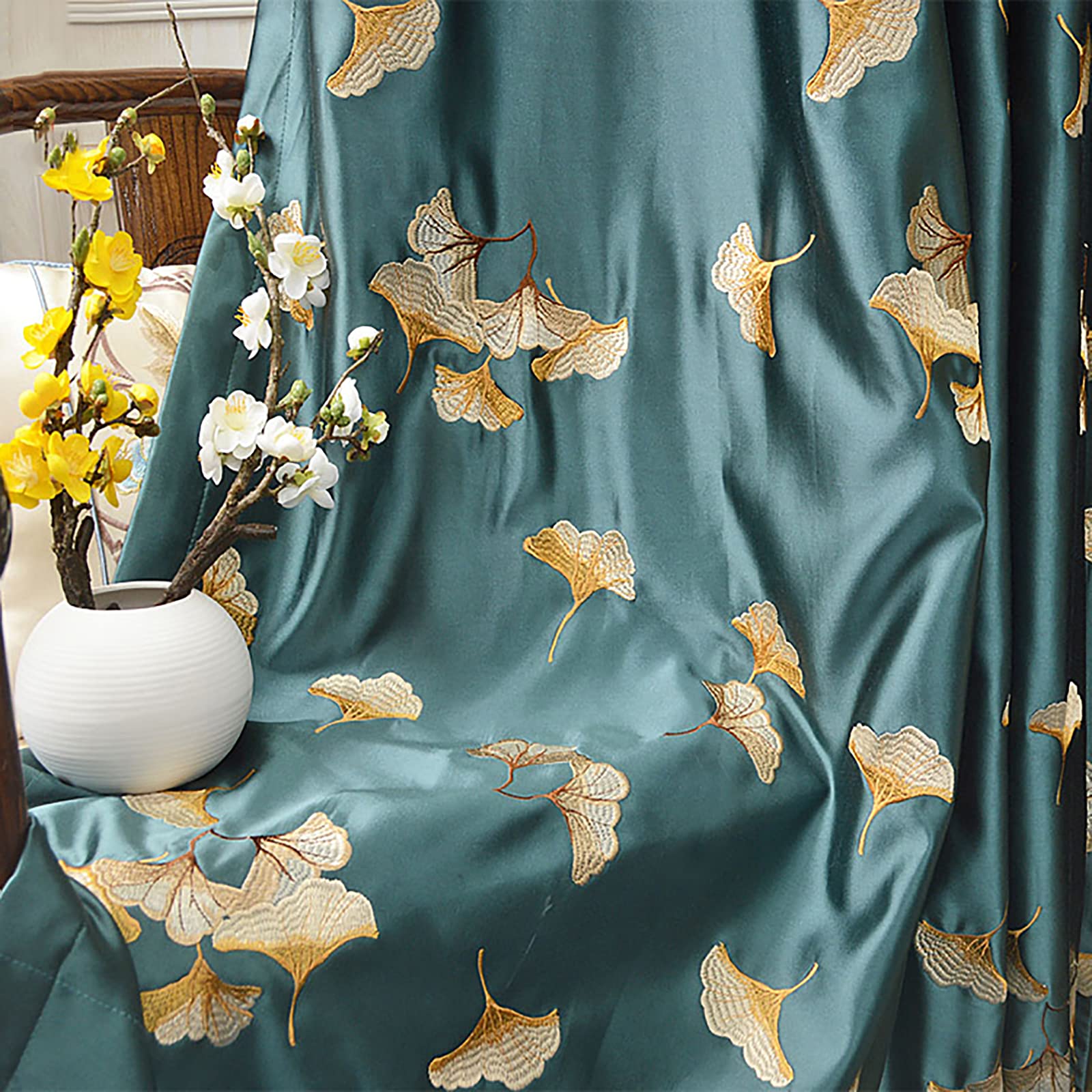 Rideau en soie ginkgo brodé de luxe occultant haut de gamme satin vert salon