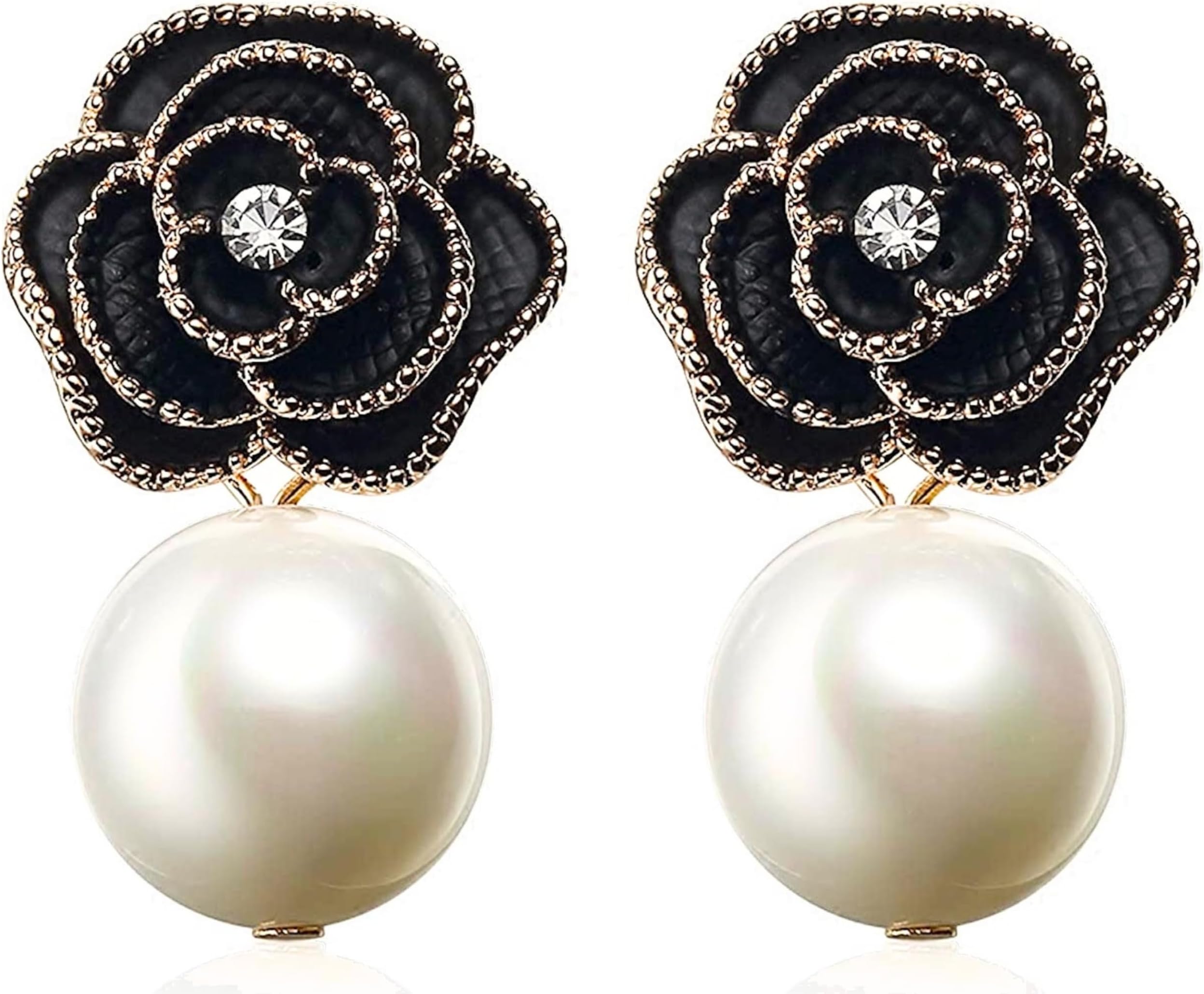 Fashion Designer Imitation Pearl Black Camellia Floral Charm Dangle Drop Earrings Studs