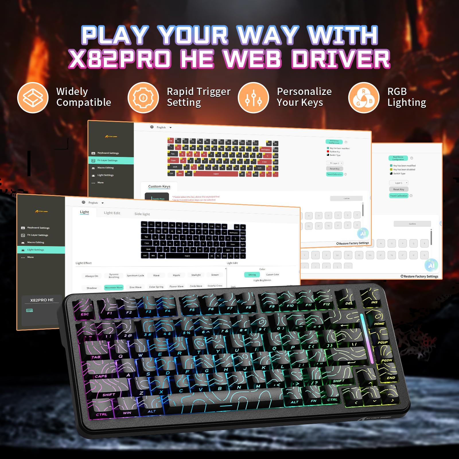ATTACK SHARK X82PRO HE 75% Wireless Rapid Trigger Gaming Keyboard, Hall Effect Magnetic Switch Keyboard with 0.01mm RT Adjustable Actuation, 8Khz Polling Rate, Hot-Swap, RGB, for PC Gamer (Black)
