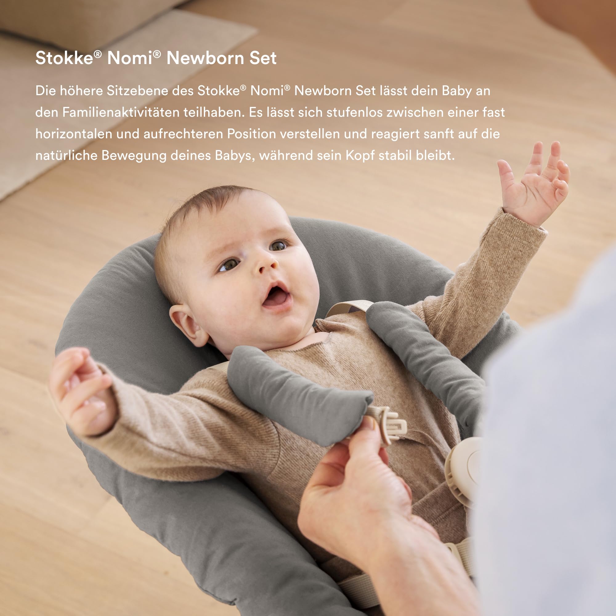 Stokke Nomi Newborn Set, White/Grey Blue - Mit 5-Punkt-Sicherheitsgurt und wendbarem, waschbarem Textilset - Passt auf alle Stokke Nomi Stühle