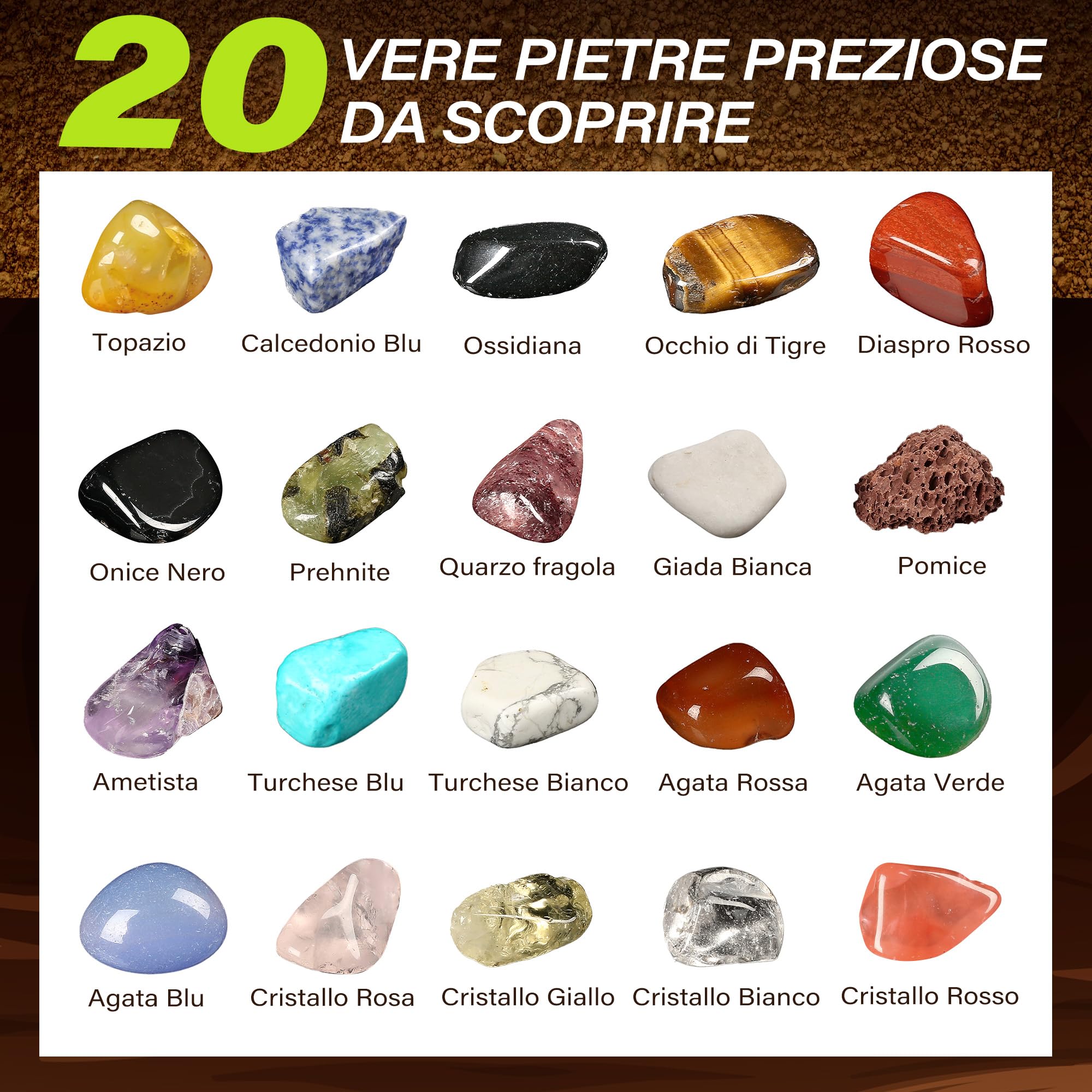 LotFancy Kit Pietre da Scavare per Bambini, Kit Scavo per Gemme 20 Vere Pietre Preziose da Scavare per Ragazzi dagli 6, 7, 8, 9, 10 Anni in Su, Regalo Archeologico per Bambini e Bambine