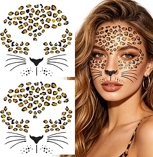 2 Sheets Leopard Face Tattoos for Women, Glitter Cheetah Cat Face Stickers | Glitter Leopard Face Tattoos, Cheetah Costume Accessories for Adult Women, Halloween Animal Costume Stickers Party Supplies