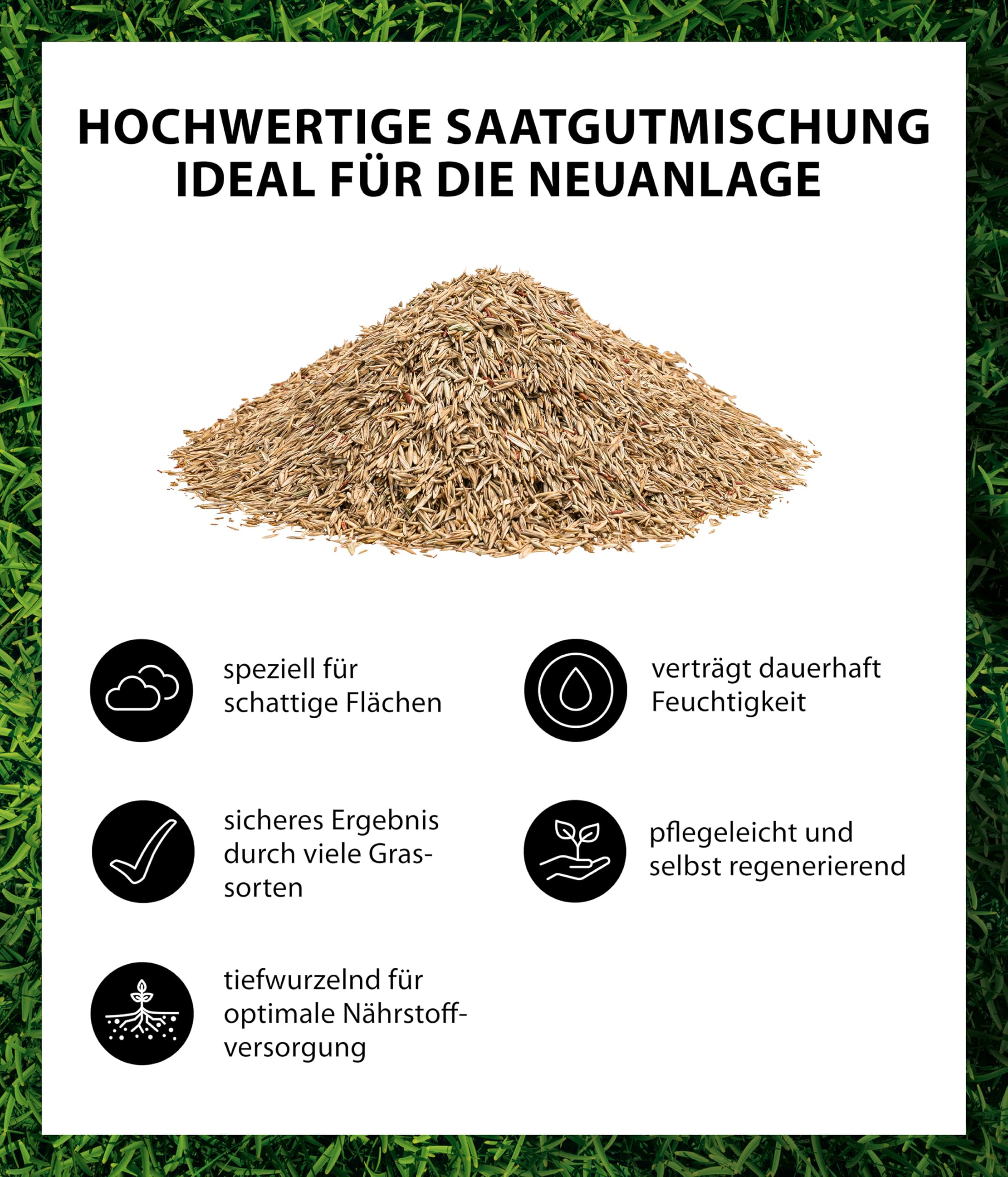 Dehner Saatgut Schattenrasen, hochwertige Rasensamen schnell keimend/selbstregenerierend, ideal für schattige/halbschattige Flächen, FSC-zertifizierte Verpackung, 1.25 kg für ca. 50 m² | pflegeleicht, schnell keimend, selbstregenerierend, ideal für schatt