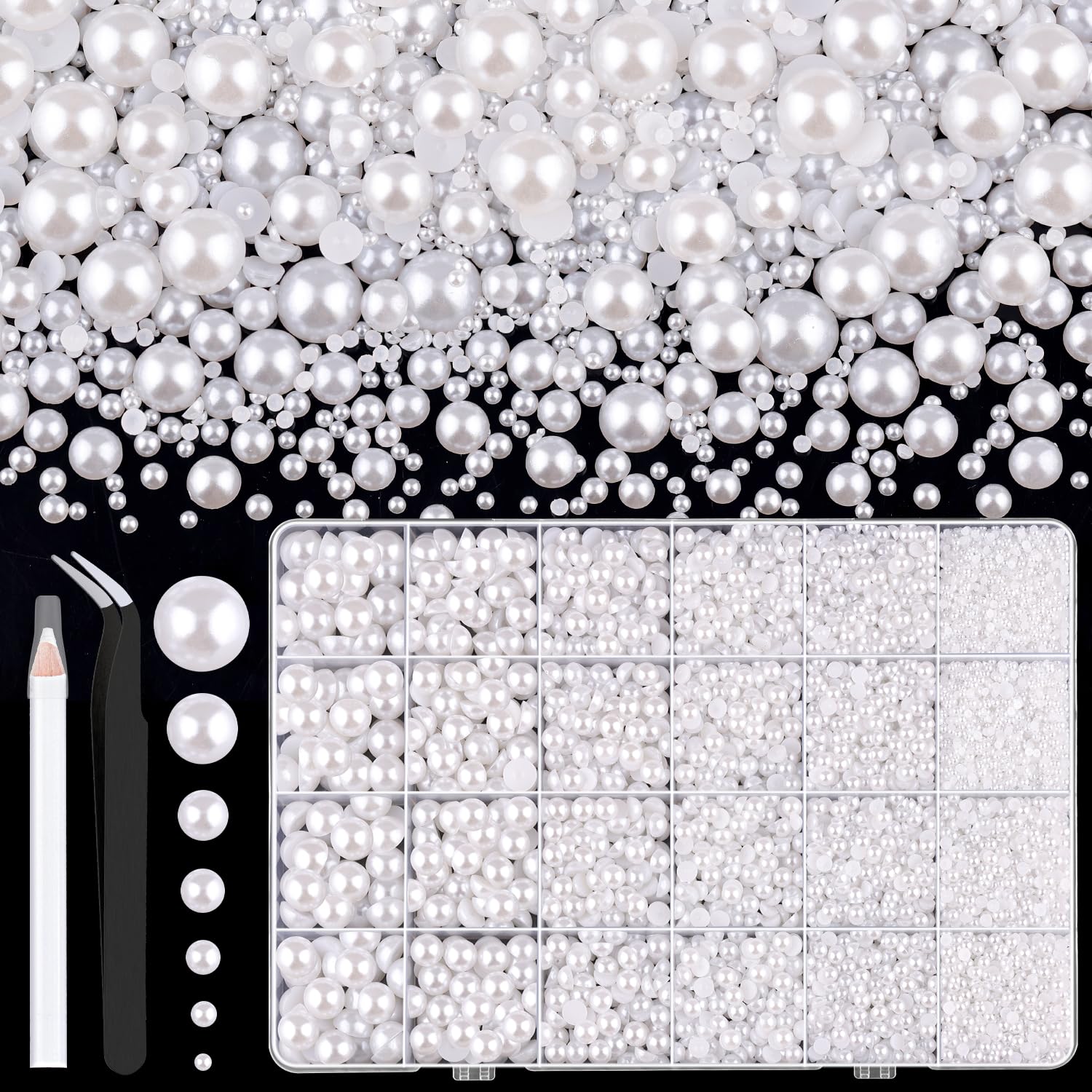 11000Pcs Flatback Pearls for Crafting (White), Assorted Size 2/3/4/5/6/8/10mm Non Hotfix Half Pearl, Bedazzling Bead for DIY Crafts Clothing Tumblers Mugs Shoes Fabric Embellishment Nail Art Makeup