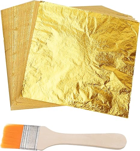 ASTARON 100 Sheets Imitation Gold Leaf Foil with Brush fo…