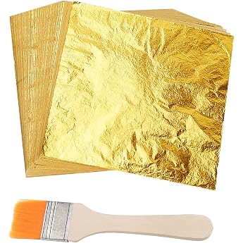 ASTARON 100 Sheets Gold Leaf Imitation Gold Leaf with Brush for Crafts Gold Flakes for Nails Wood Furniture Decoration 14 x 14 cm Not Edible
