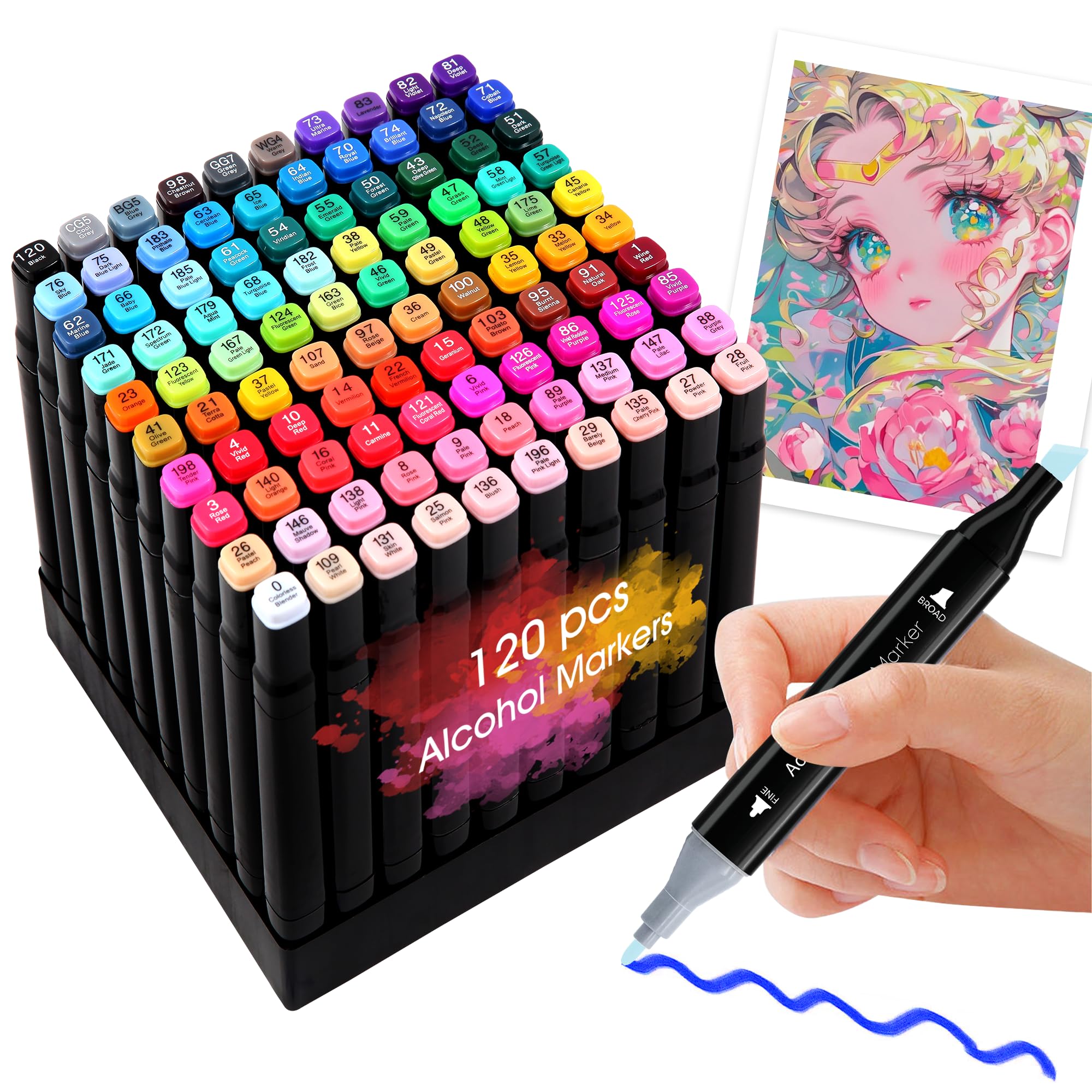 Aoriyar 120 Colors Alcohol Markers Set, Dual Tip Drawing Art Marker Pens, Alcohol Based Permanent Coloring Marker School Supply for Adults Sketch, Artist Illustration, Kids Card Making