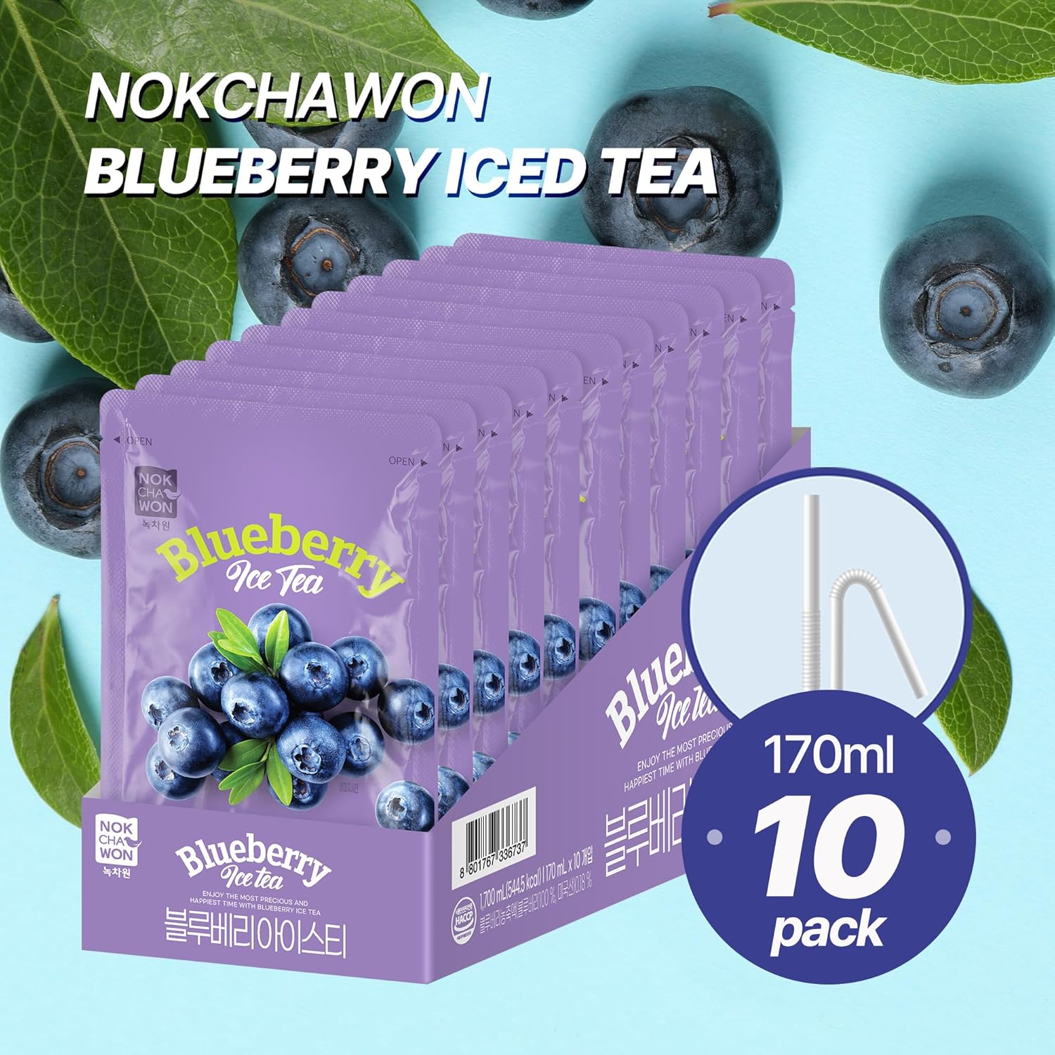 [Nokchawon] Korean Blueberry Iced Tea Pouch - Ready to Drink Fruit Tea for Ice Cups - Refreshing Blueberry Juice Base for Cocktails and Mocktails - Premium K-Drink Packs, 10 Count