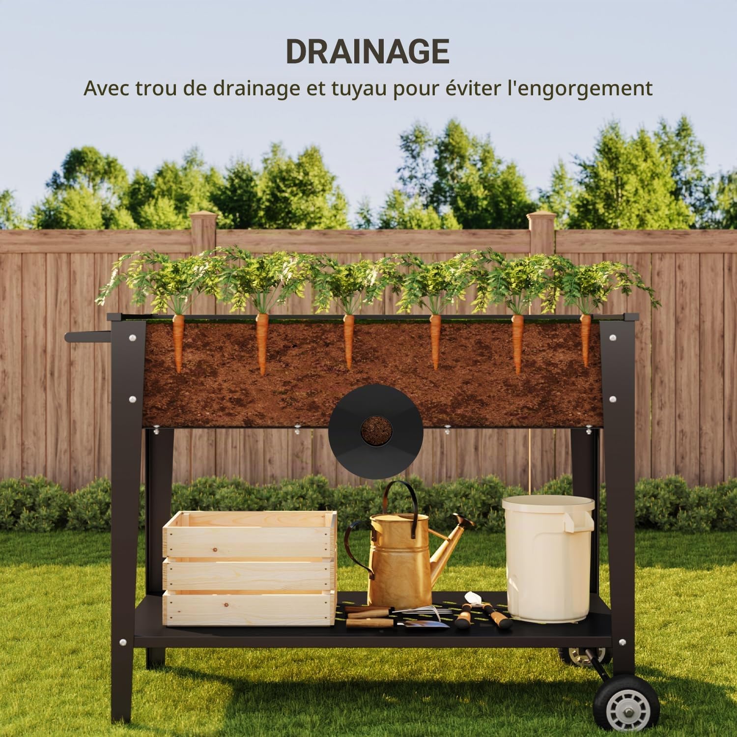Xbro Potager surélevé avec roues et étagère, jardinière de jardin en métal, 104 x 41 x 80 cm, avec trou de drainage, pour herbes, légumes et fleurs, noir