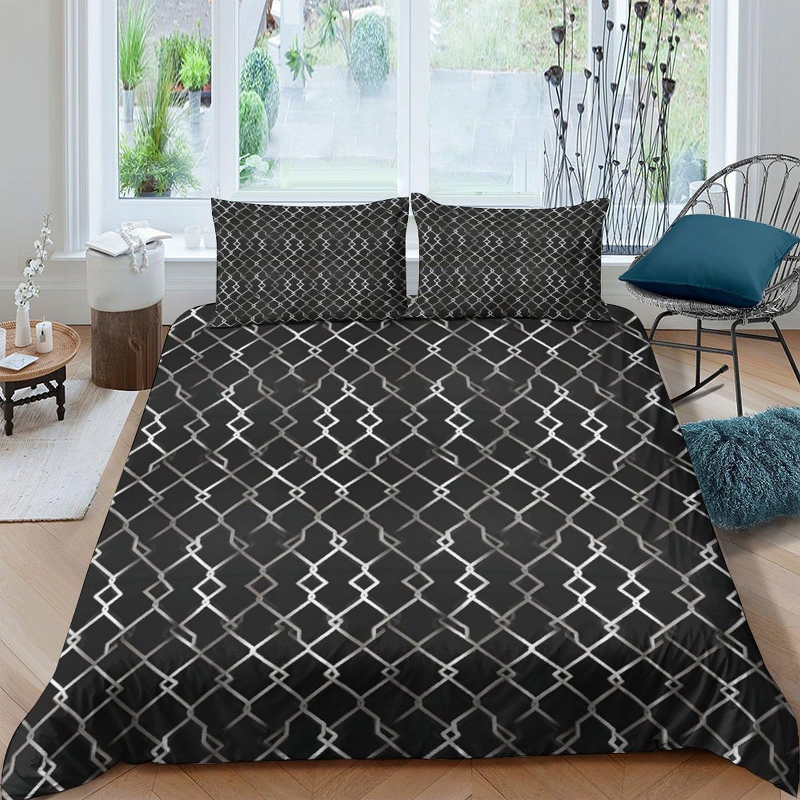 Ctjqhvkz Style-3 3D Printed Geometric Lattice Fitted Sheet Microfiber Soft Black White Abstract Mattress Cover For Bedroom Guest Room Decor Single（135X200cm）