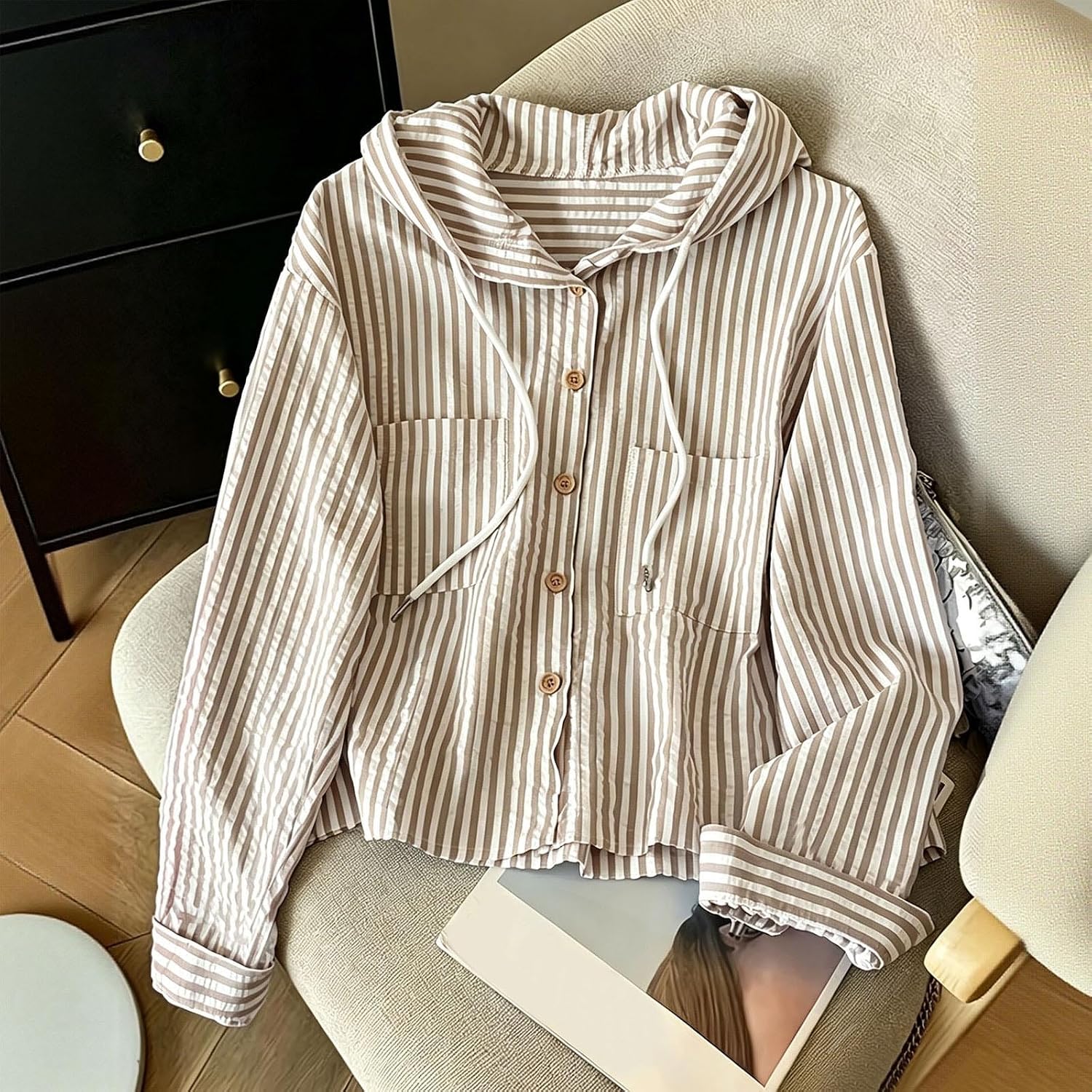 Womens Button Down Shirts Fashion Tops Hooded Hoodies | Womens Fashion Tops Hooded Hoodies Pullover Loose Fit Striped Long SLeeve Button Down Shirts with Pockets