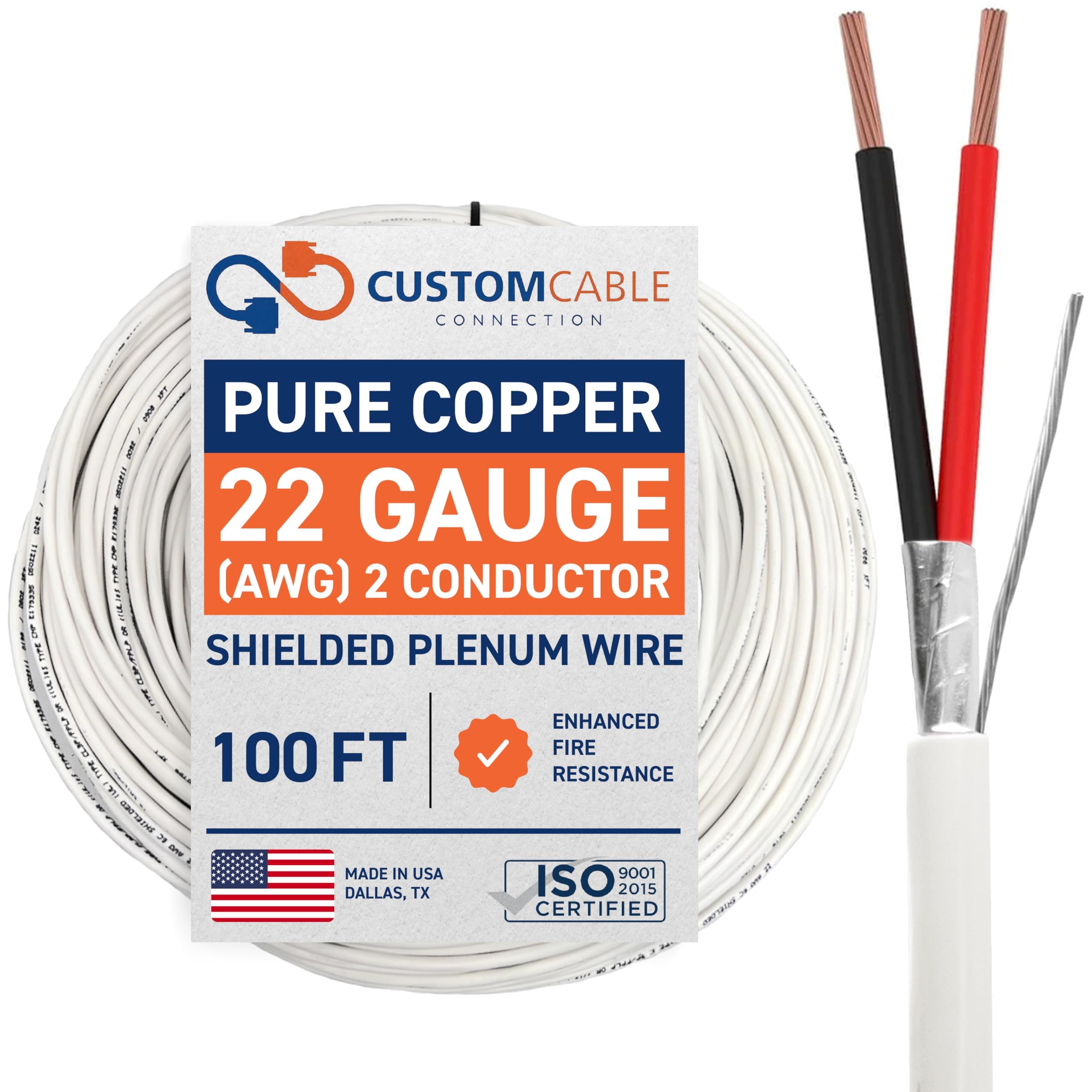 22 Gauge Wire (22 AWG) - 2 Conductor Stranded Copper Shielded Cable - UL Listed 22/2 Home Electrical Wire - Low Voltage Up to 300V - CL3P Low Smoke Plenum Jacket - USA Made (100ft - White)