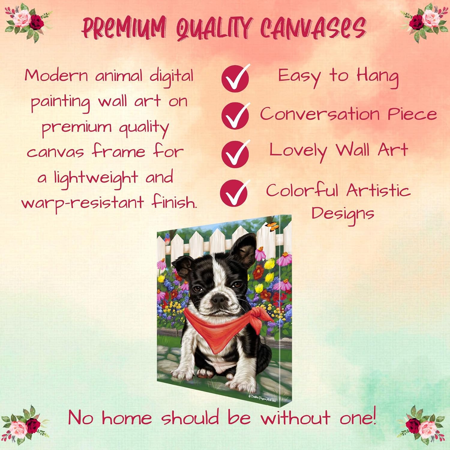 Doggie of the Day Spring Floral with Boston Terrier Dog Canvas Wall Art - Premium Quality Ready to Hang Room Decor - 1.5" Thick Canvas Wrap 11" x 14"