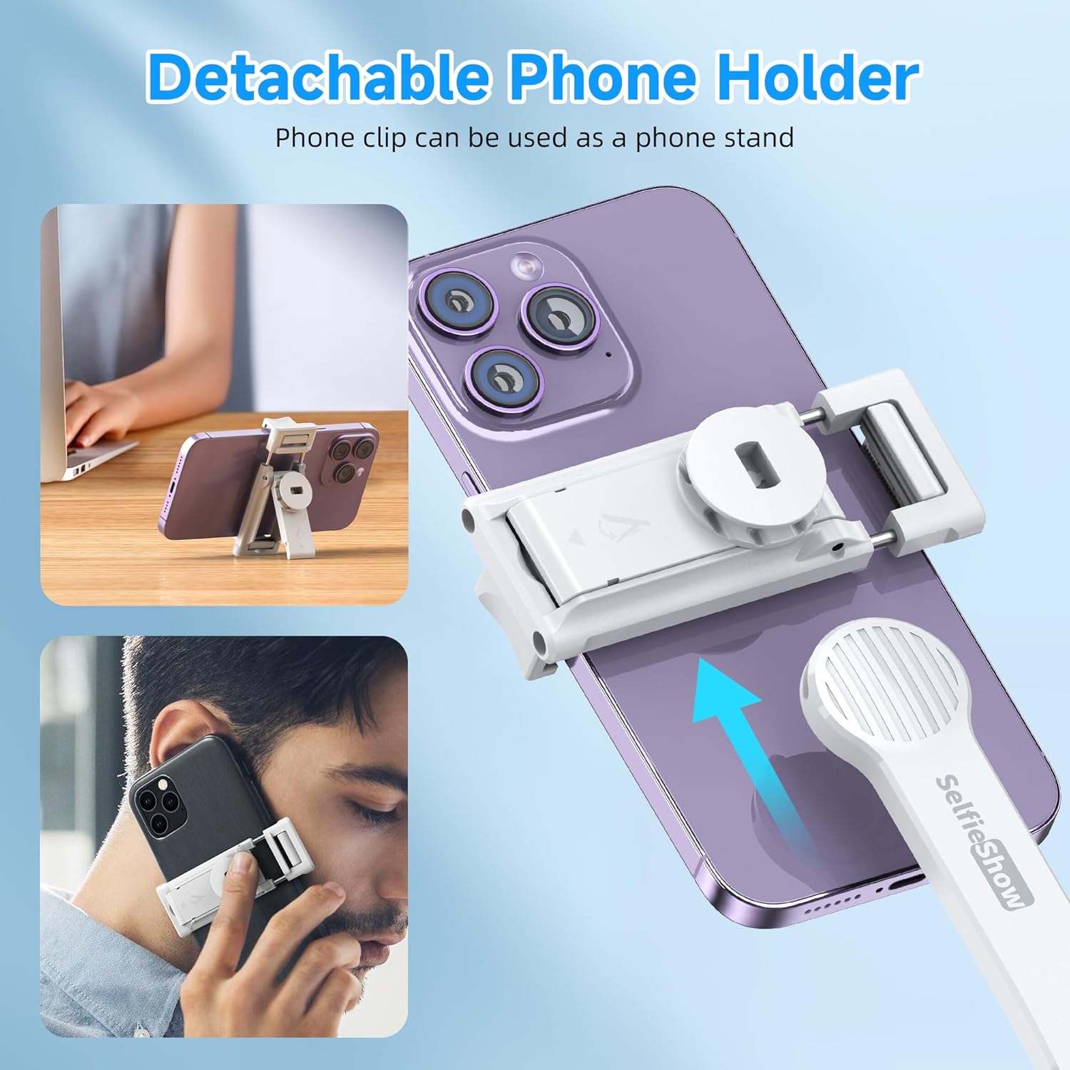 Image demonstrating the detachable phone holder being used as a standalone phone stand on a desk and held by hand.