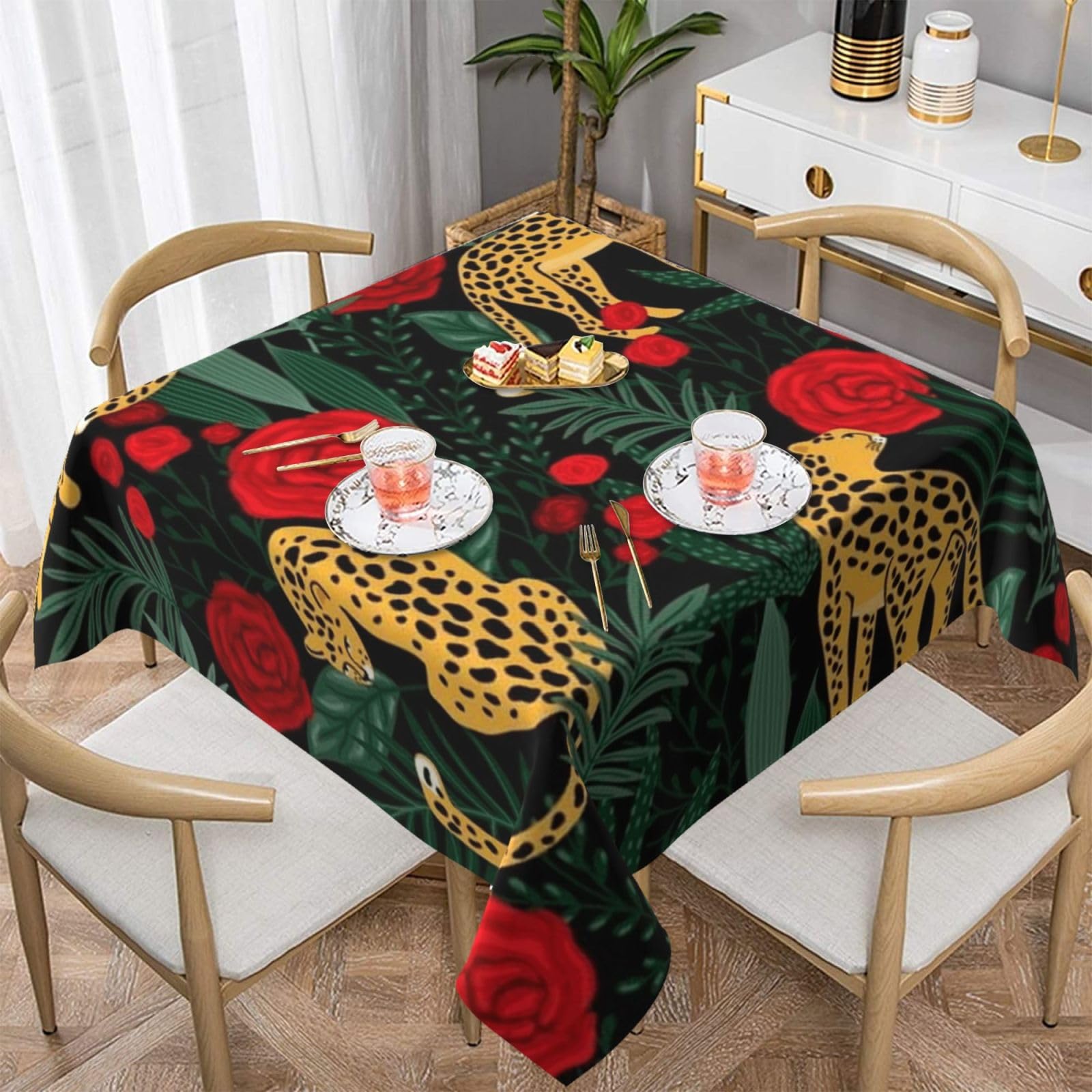 DCEHGEW Wildlife Panther Smelling Red Rose Prints Square Tablecloth 152x152 CM, Waterproof Fabric Table Cloth for Dining Table, Farmhouse Table Cover for Kitchen Dining Tabletop Decoration