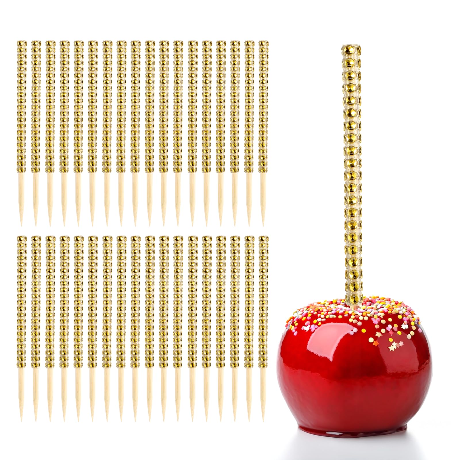 36 pinchos puntiagudos de madera con forma de manzana y caramelo dorado, palitos de bambú, caramelo, frutas, pasteles, palitos decorativos con diamantes de imitación, envoltura de malla de diamante