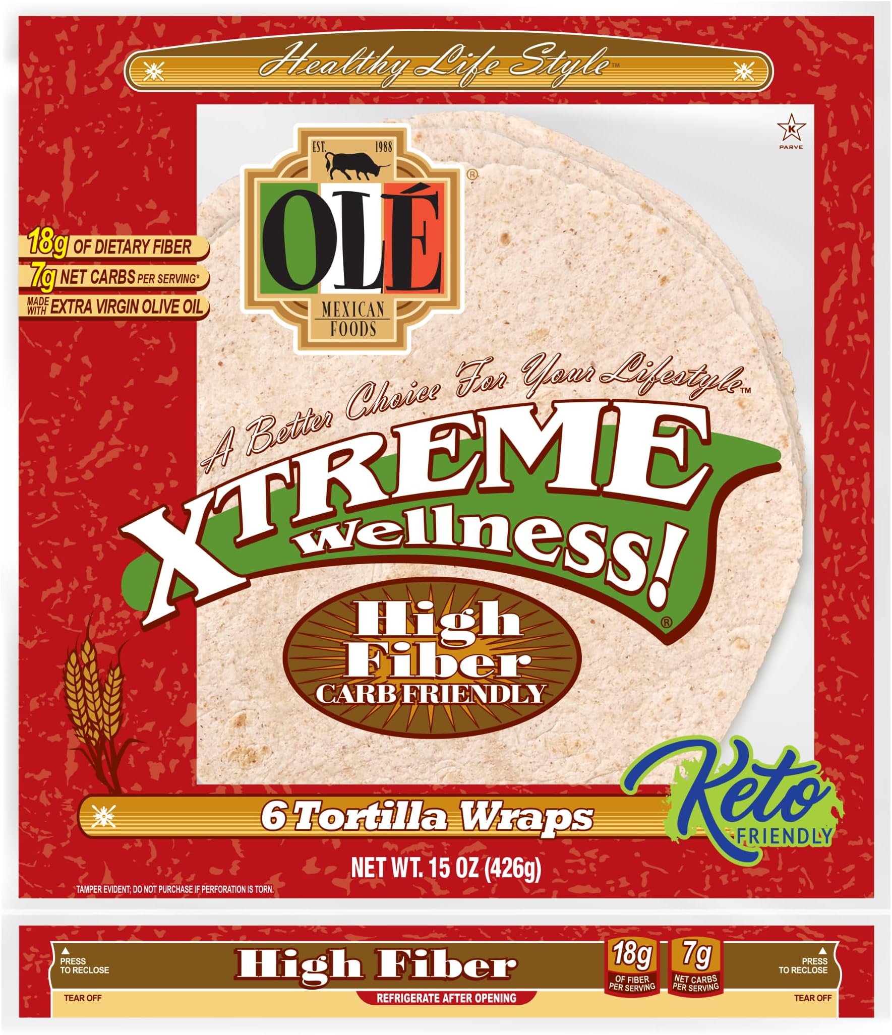Ole Xtreme Wellness High Fiber Low Carb Wraps, 8ct Packs