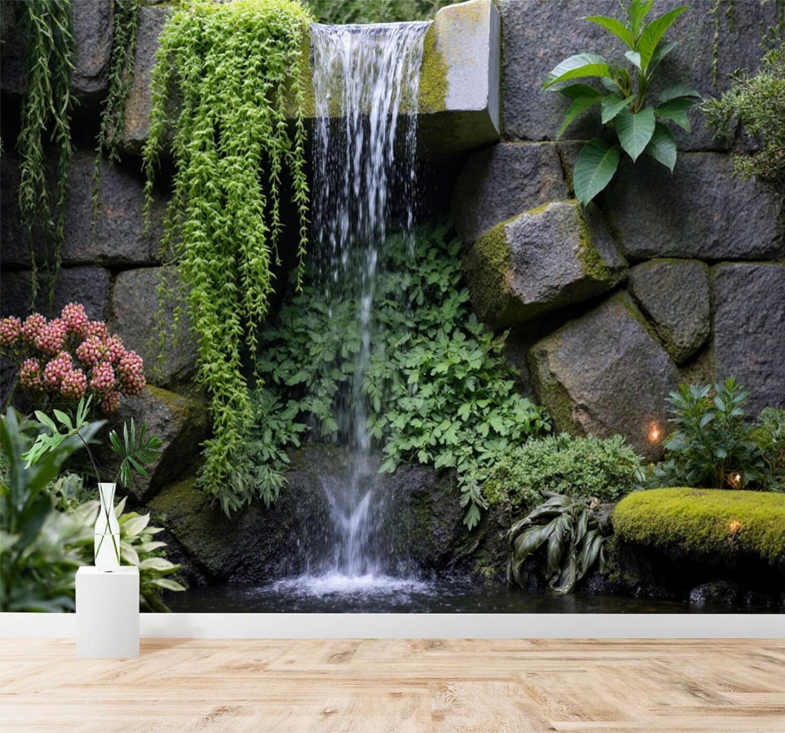 Xlming 350Cm×256Cm(B×H) Stone Wall Waterfall Greenery Moss Garden 3D Wallpaper Silky Texture Home Study Office Grey Dining Room Sofa Bedroom Living Room Tv Backdrop-350Cm×256Cm