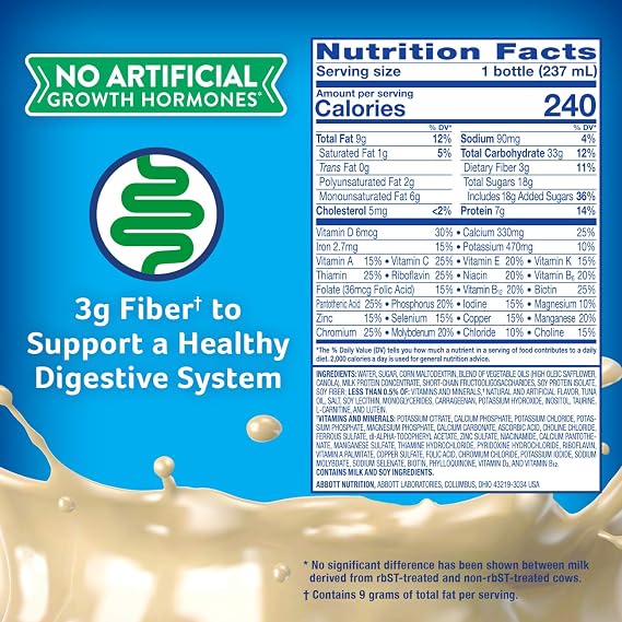 PediaSure Grow & Gain with Fiber Nutritional Shake for Kids, 7g Protein, 3g Fiber to Support a Healthy Digestive System, DHA Omega-3, Non-GMO, Vanilla, 8-fl-oz Bottle, Pack of 1