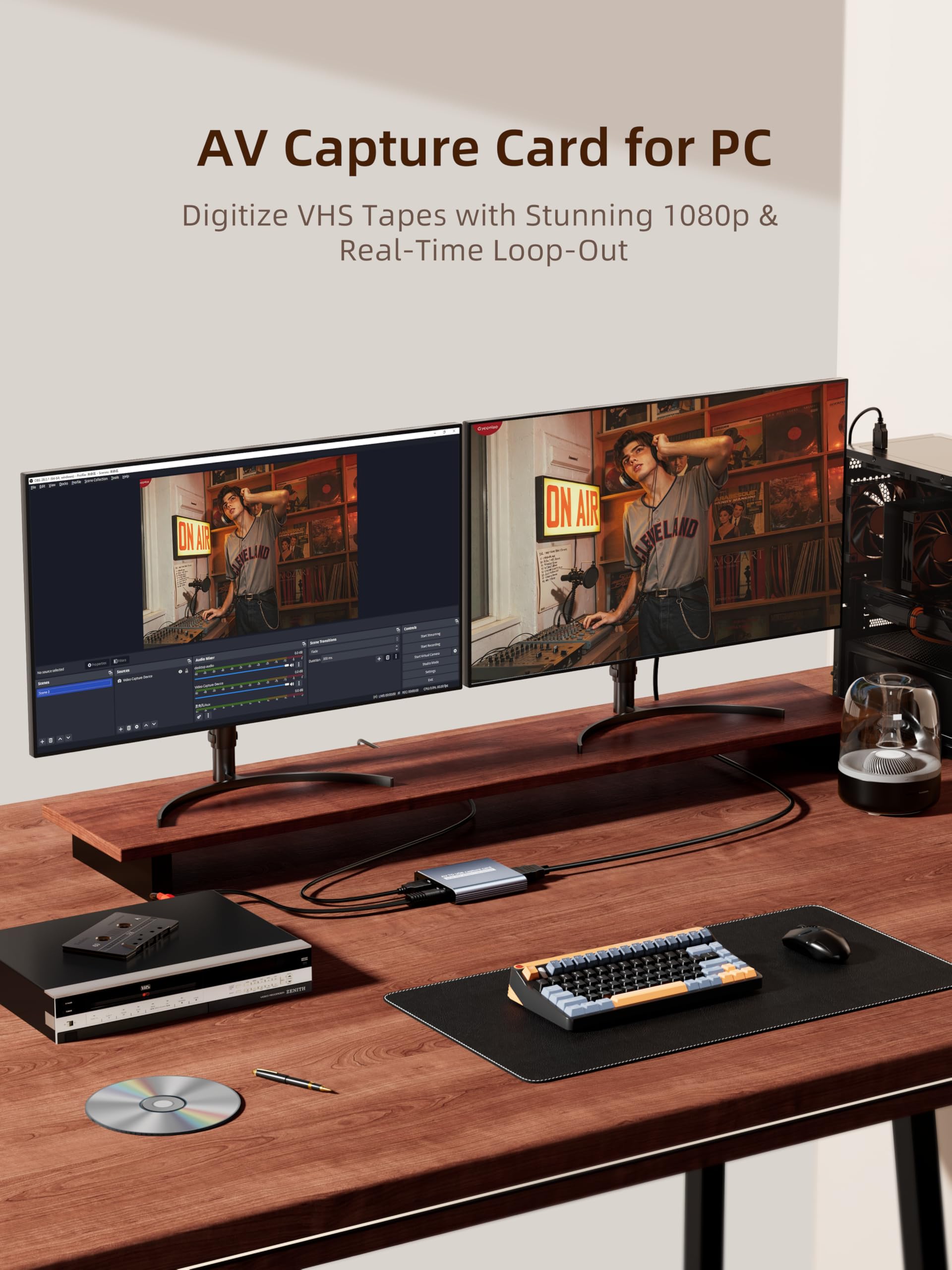 Convertidor VHS a digital Tarjeta de captura de vídeo USB con salida HDMI, captura RCA AV a USB para VCR/DVD/Hi8/PS2/Wii, convertidor analógico a digital 1080P 30fps, grabación y vista previa de