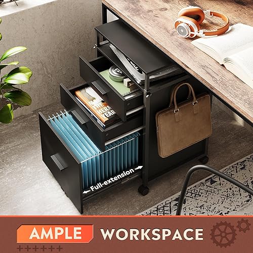 Miniatura 4 de DEVAISE Archivador con cajones de almacenamiento, soporte de impresora rodante con estantes ajustables, archivador de madera para oficina en casa,