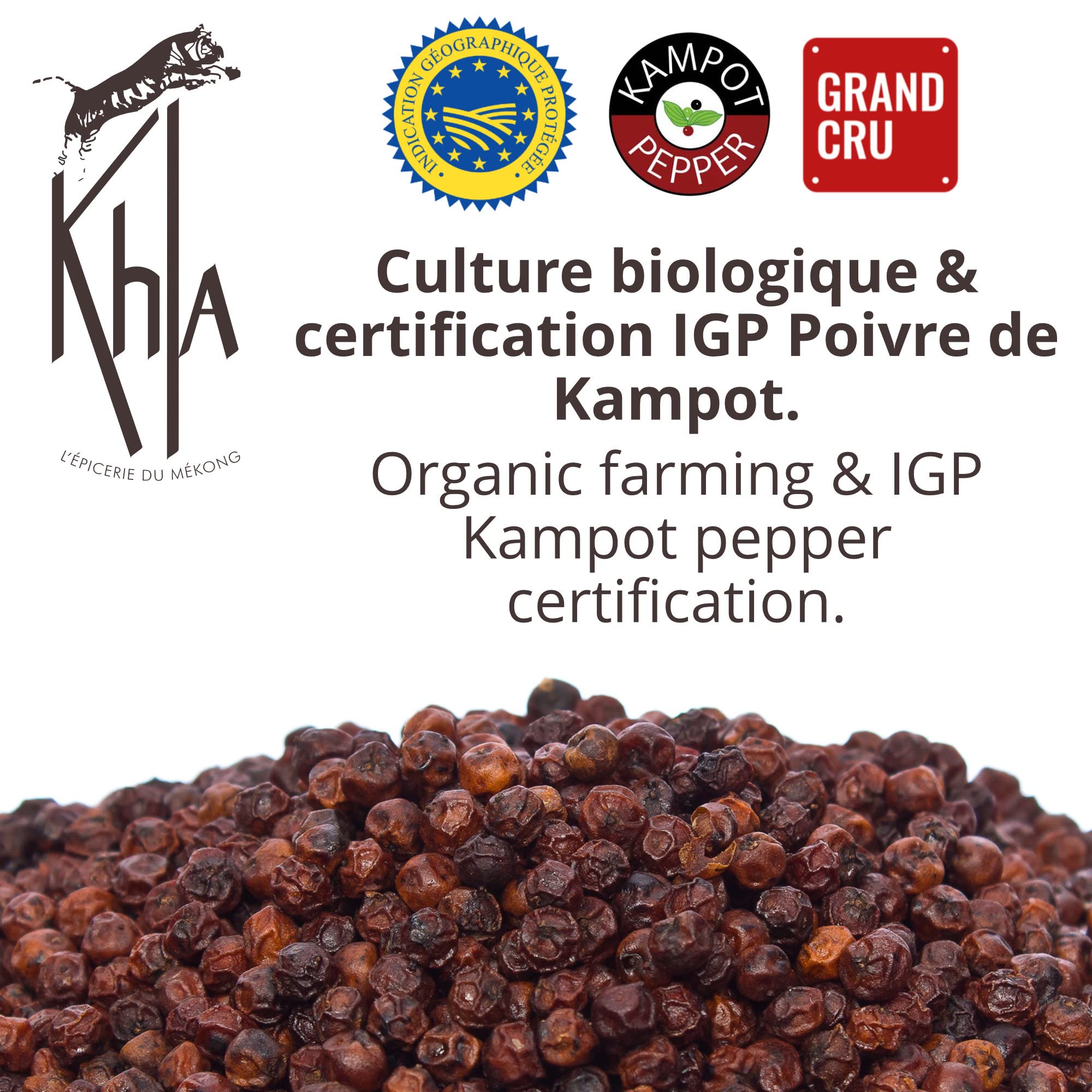 KHLA - Pimienta roja de Kampot Premium IGP - 500g - Pimienta en Grano - Procedente de la Agricultura Ecológica