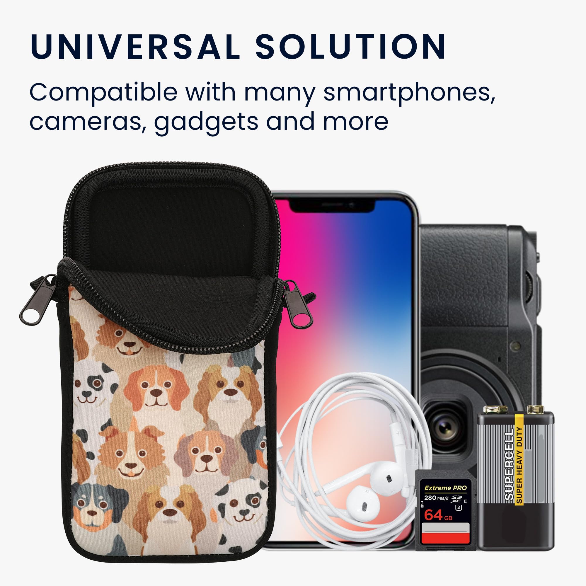 kwmobile Custodia in Neoprene con Zip per Smartphone - Portacellulare a Tracolla - Porta Cellulare da Collo Universale - Cover Borsa Telefono Cani