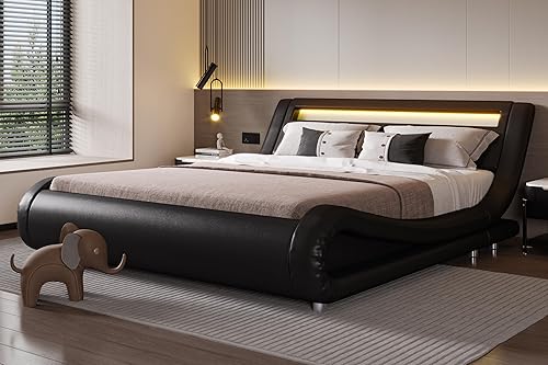 Miniatura 10 de SHA CERLIN - Base de cama Queen con cabecera LED ajustable - Diseño de trineo de perfil bajo, soporte de listones de madera resistente y base para