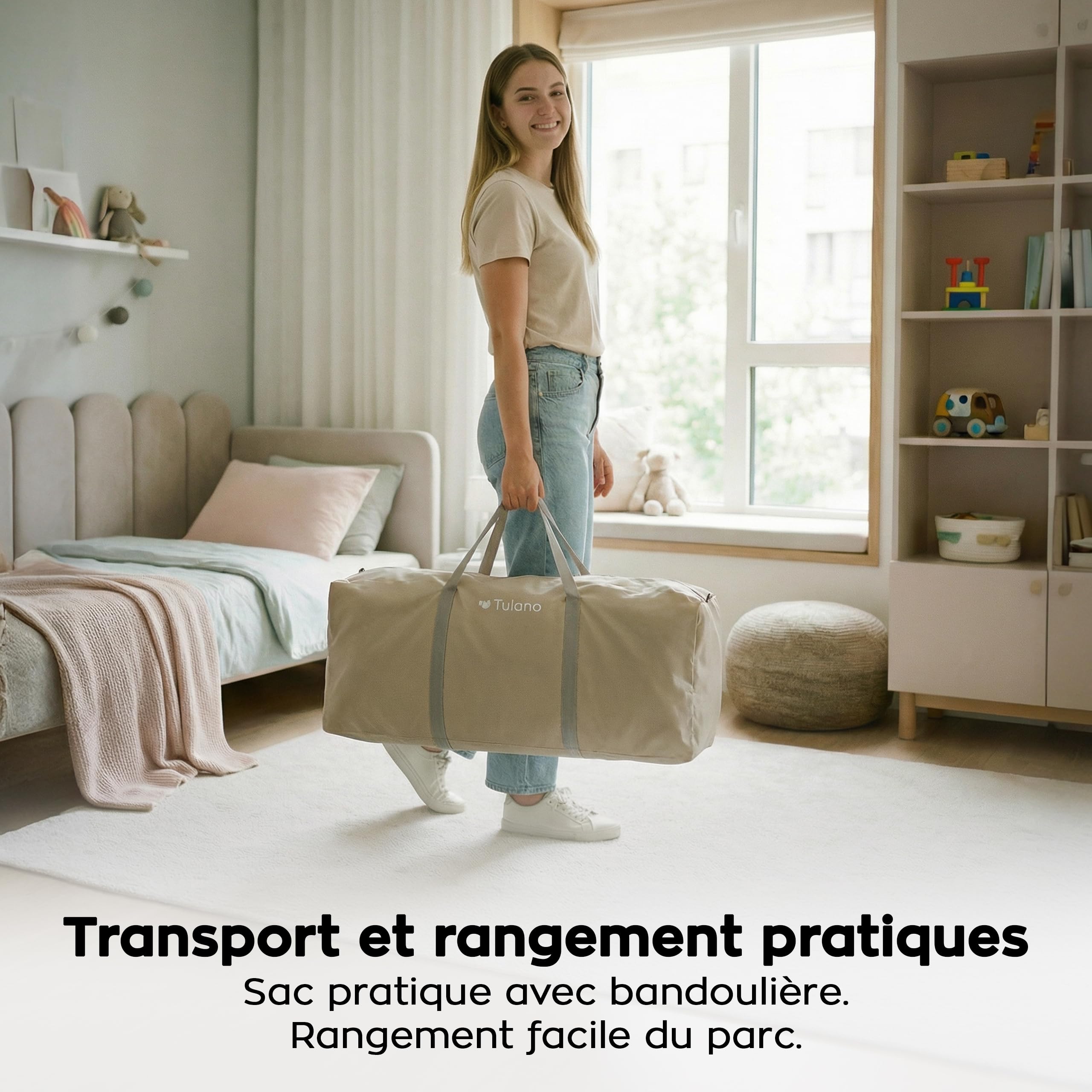 Tulano Cozy 22, parc bebe avec fond, structure métallique stable, Beige | parc enfant pour usage intérieur et extérieur, parois en maille, entrée zippée, Sac de Transport, 180x120-6 à 36 mois