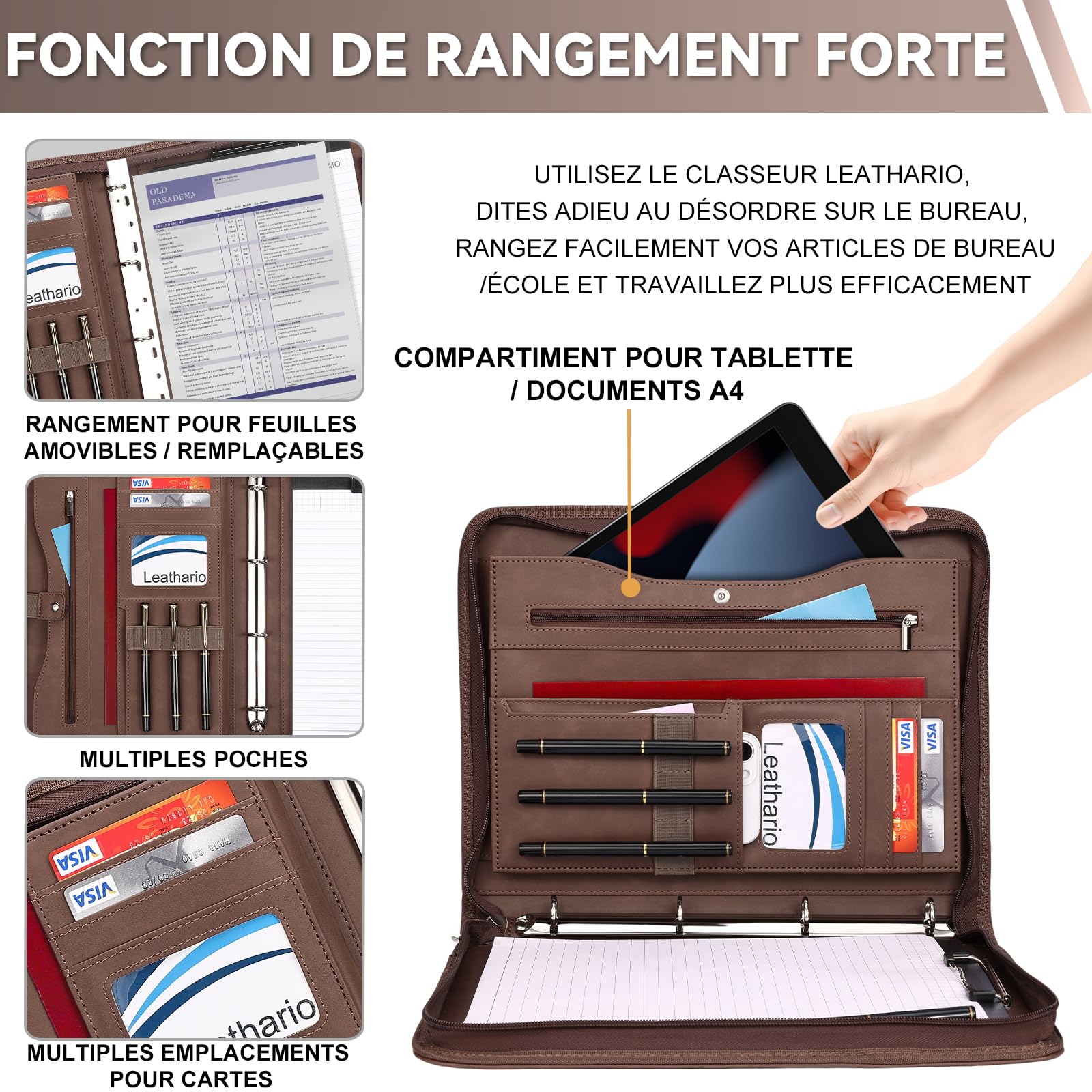 Leathario Porte Document A4 en Simili Cuir, avec Papiers Écrit, Porte Bloc-notes pour Record de Réunion, Portefeuille A4 Zippée et Conférencier, Légère