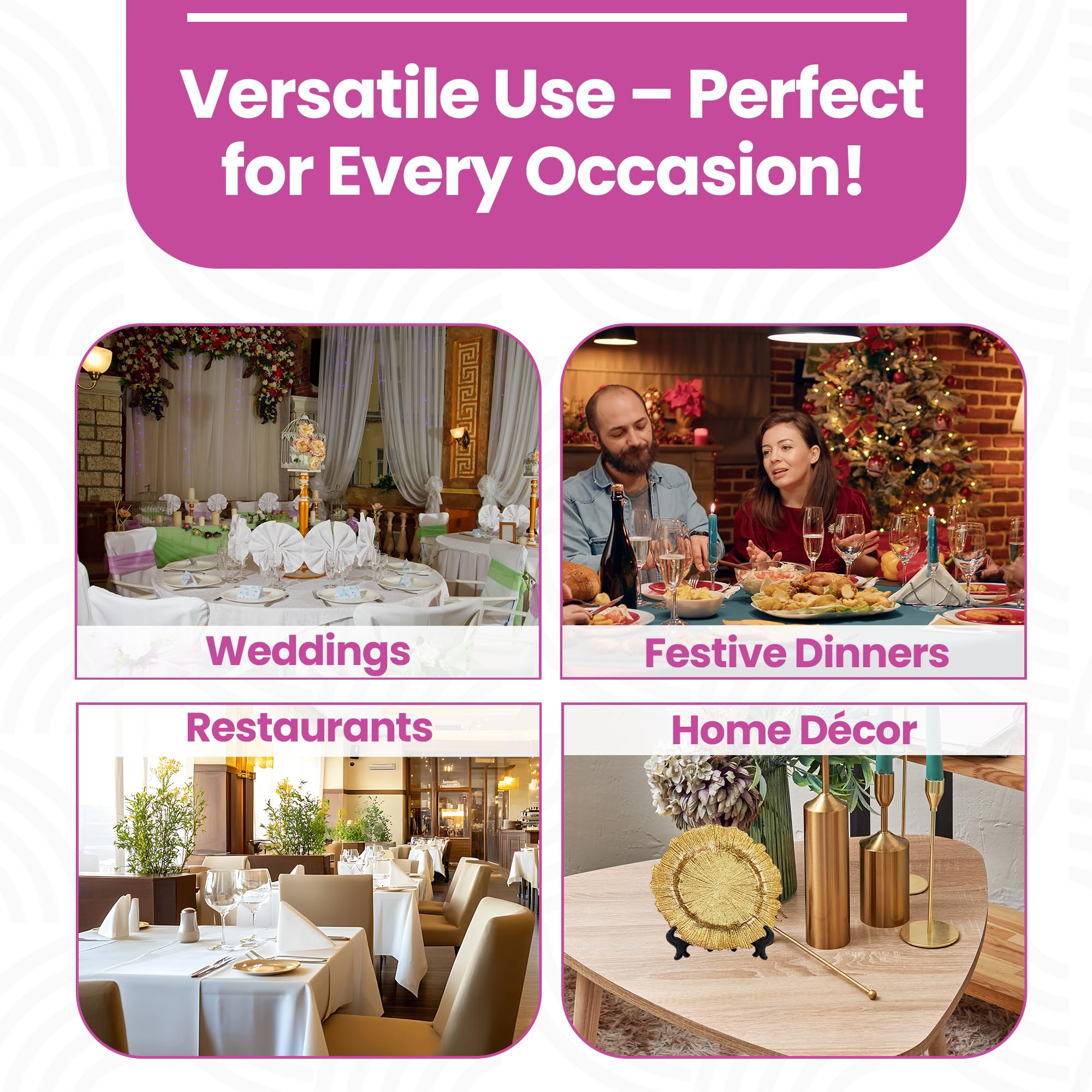 WedDecor Okrągłe talerze z ładowarką, element centralny, szklany zestaw talerzy prezentacyjnych, dekoracje stołu obiadowego, wesela, bankiety, Boże Narodzenie, przyjęcia, zastawa stołowa, 33 cm, złoty