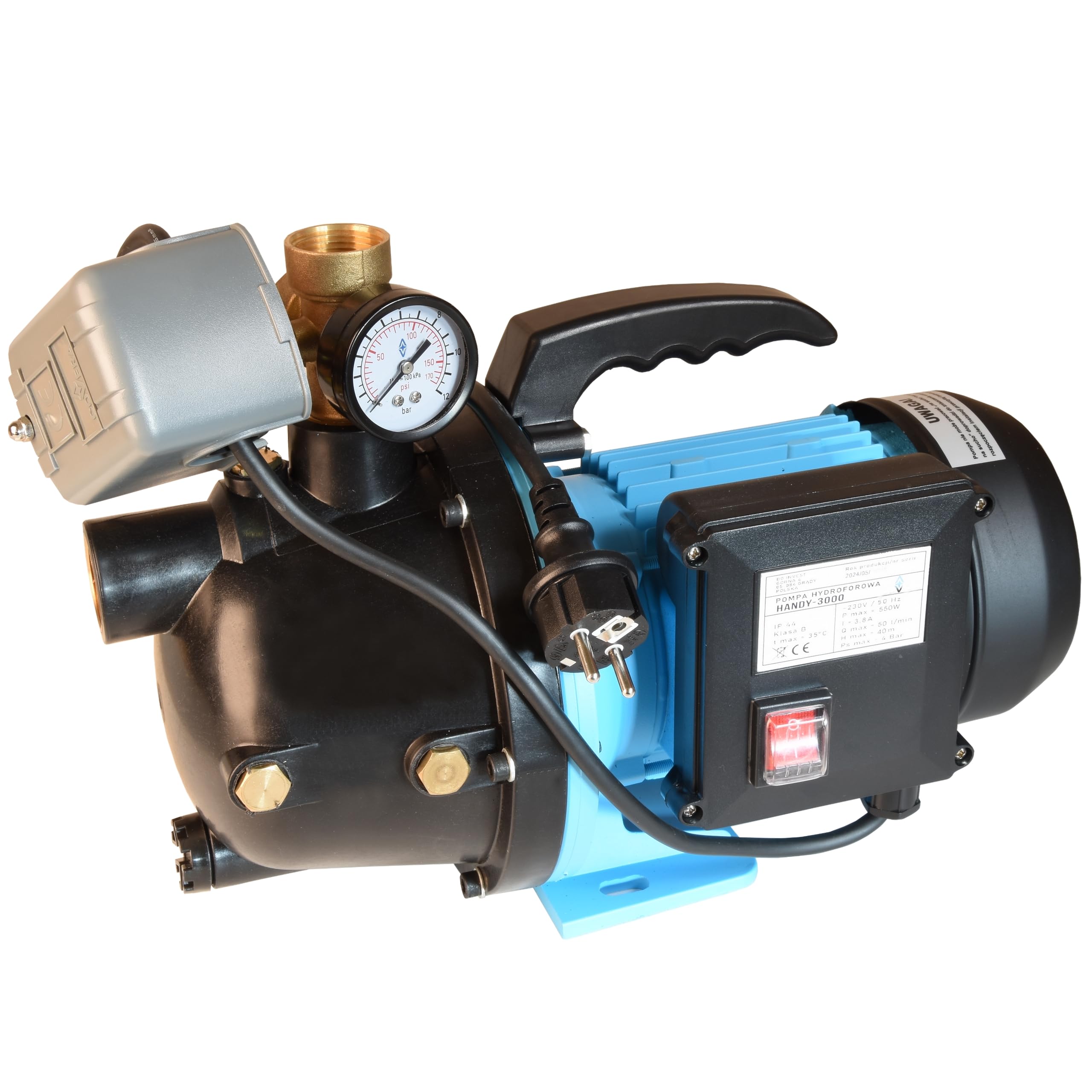 Wasserpumpe HANDY 3000 - Gartenpumpe (550W 3000l/h Förderhöhe 40m) - mit Manometer Druckschalter 5-Wege Verteiler - Tragbare - elektrische Pumpe Hauswasserwerk - für Brauchwasserversorgung Bewässerung
