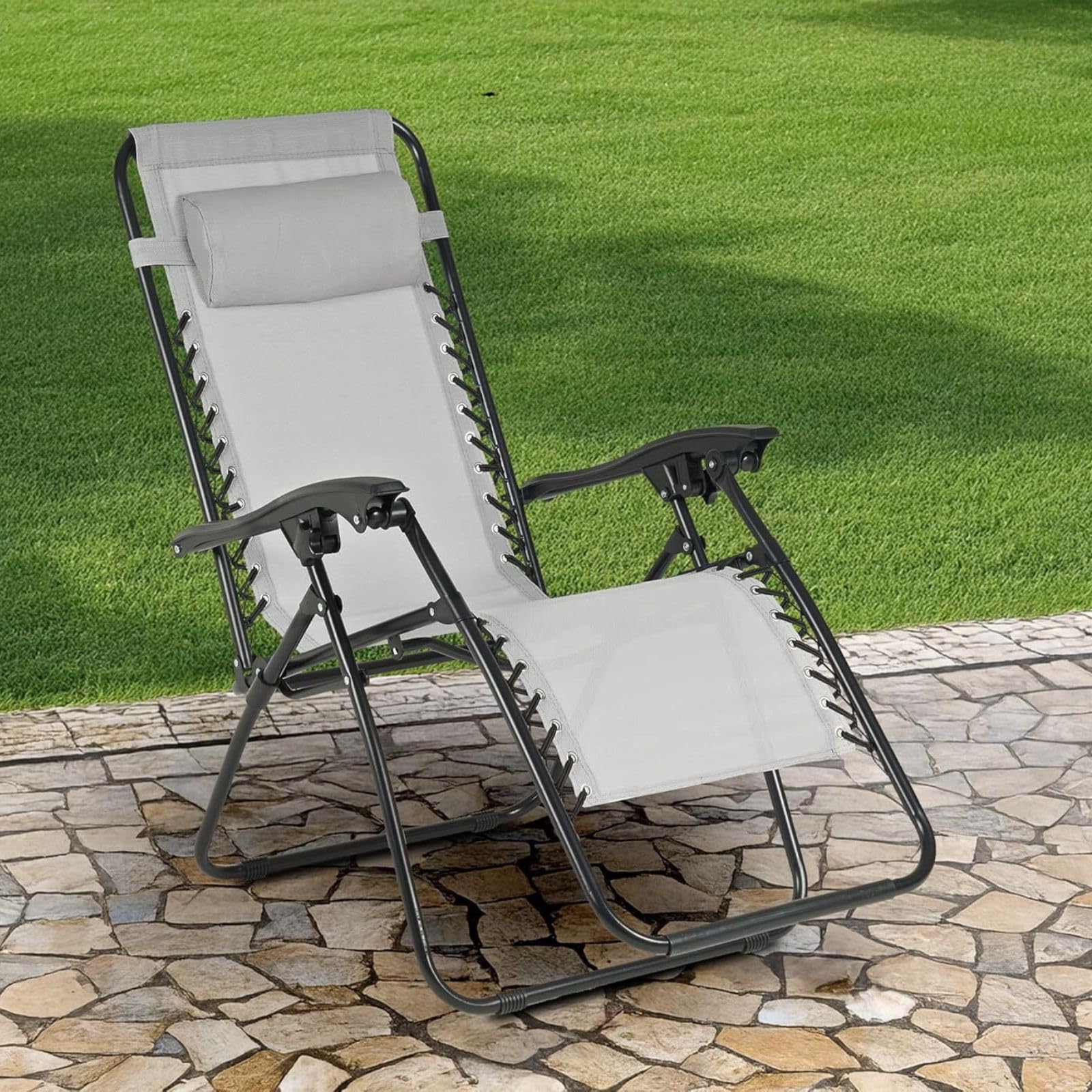 Sedia Pieghevole Reclinabile da Giardino, Struttura in Acciaio, Tessuto Textilene, Stile Moderno, per Esterno, 190x60x38 cm (Grigio)