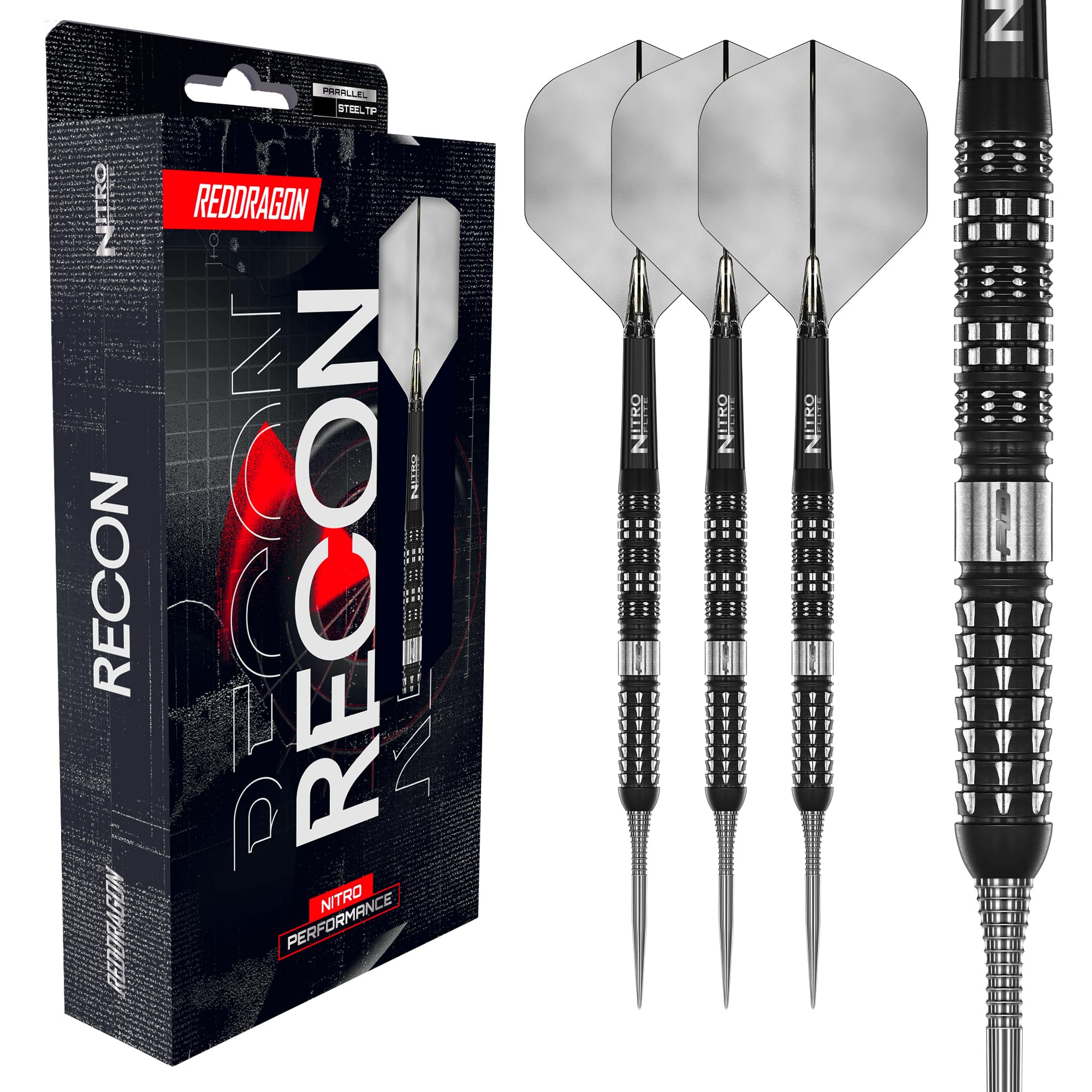 RED DRAGON Darts - Recon Series - 22g Parallel Barrel - Steel Tip Dart Set - 90% Professional Tungsten Darts Set - Nitro Flite Integrated Flight/Shaft, Dart Flights & Stems