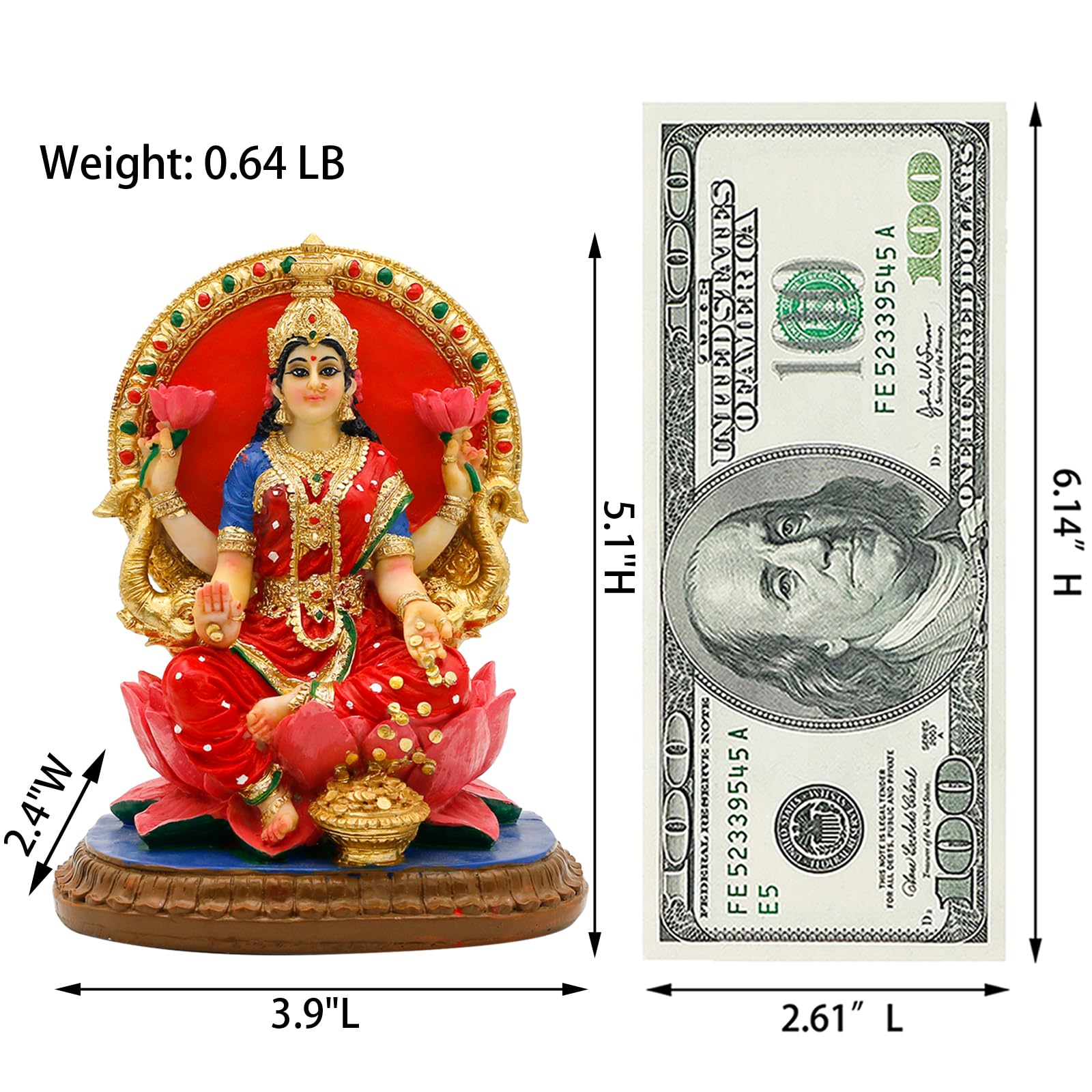 alikiki Indian Lakshmi Idol Statue - 5.1”H Hindu Goddess Laxmi MATA Murti India Pooja Item Home Office Temple Mandir Shrine Altar Diwali Puja Spiritual Decor Ideal Gifts for Indian Friend Relative