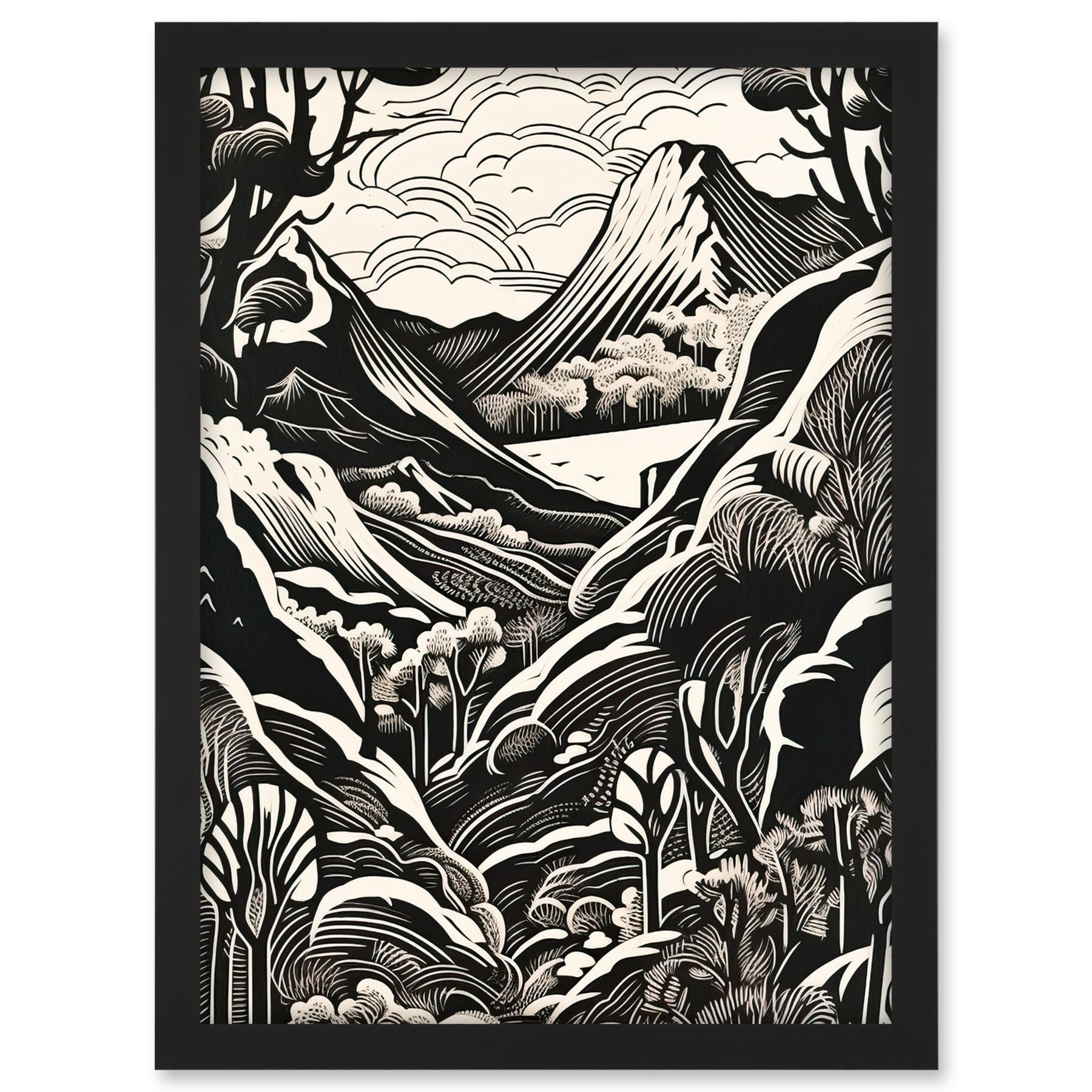 Artery8 Forest Mountain Landscape Black and White Linocut Artwork Framed A3 Wall Art Print
