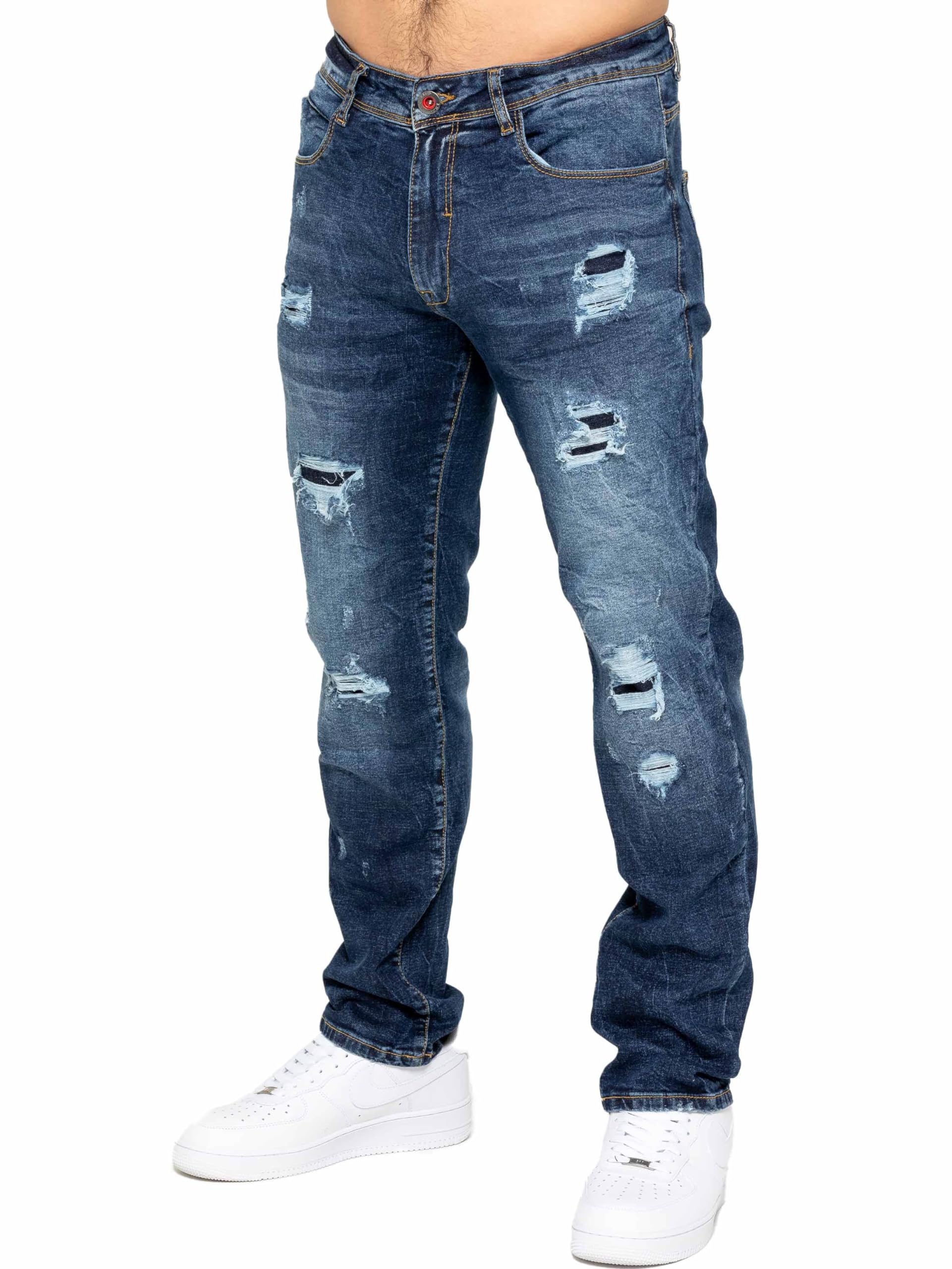 989Zé Enzo Men's Dark Blue Jeans Distressed Casual Straight Regular Fit Ripped Denim Trousers Pants Mj9 Jeans 34