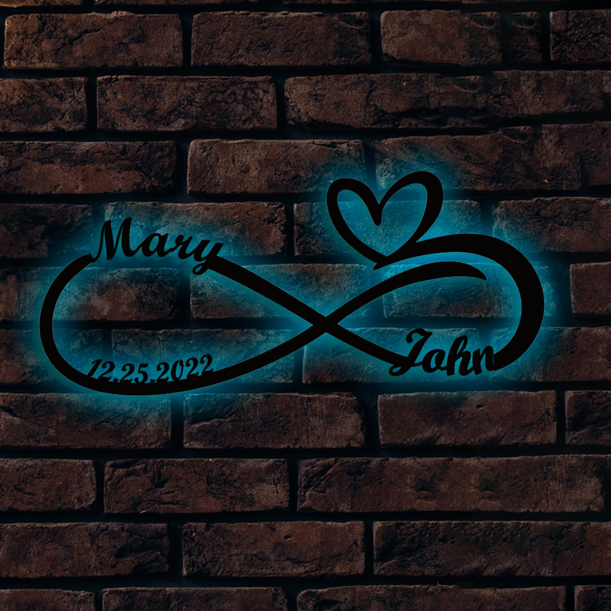 Signe en métal Infini personnalisé avec lumières LED Signe de Coeur Décoration Murale en métal Décoration extérieure Cintre de Porte d'entrée Nom personnalisé Date Porte Décoration Murale