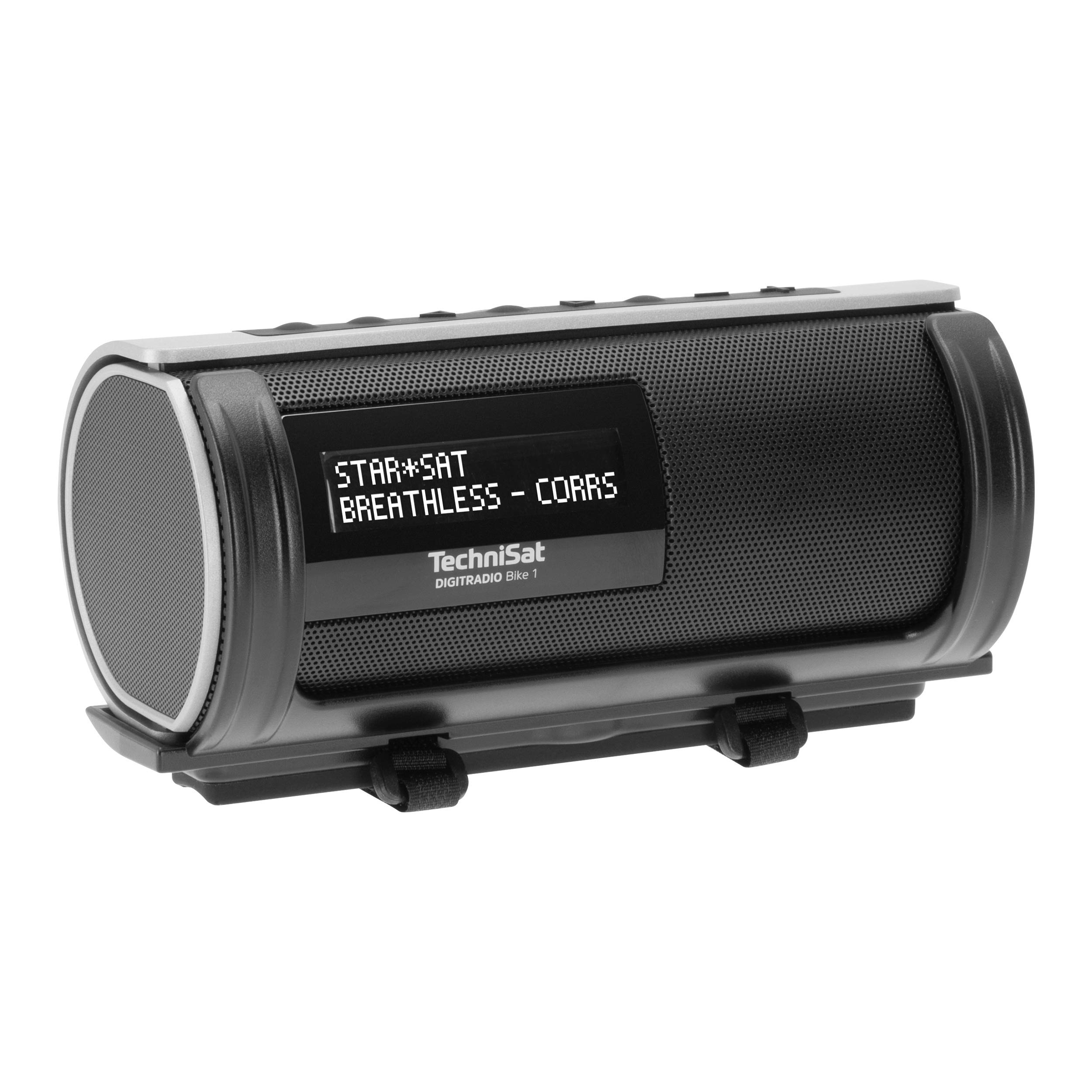 TechniSat DIGITRADIO Bike 1 – DAB+ Fahrrad Radio (DAB, UKW, IP65 wasserabweisendes Gehäuse, OLED-Display, Bluetooth-Audiostreaming, Universalhalterung für Lenker/Rahmen, Akku, 2 Watt) schwarz/silber